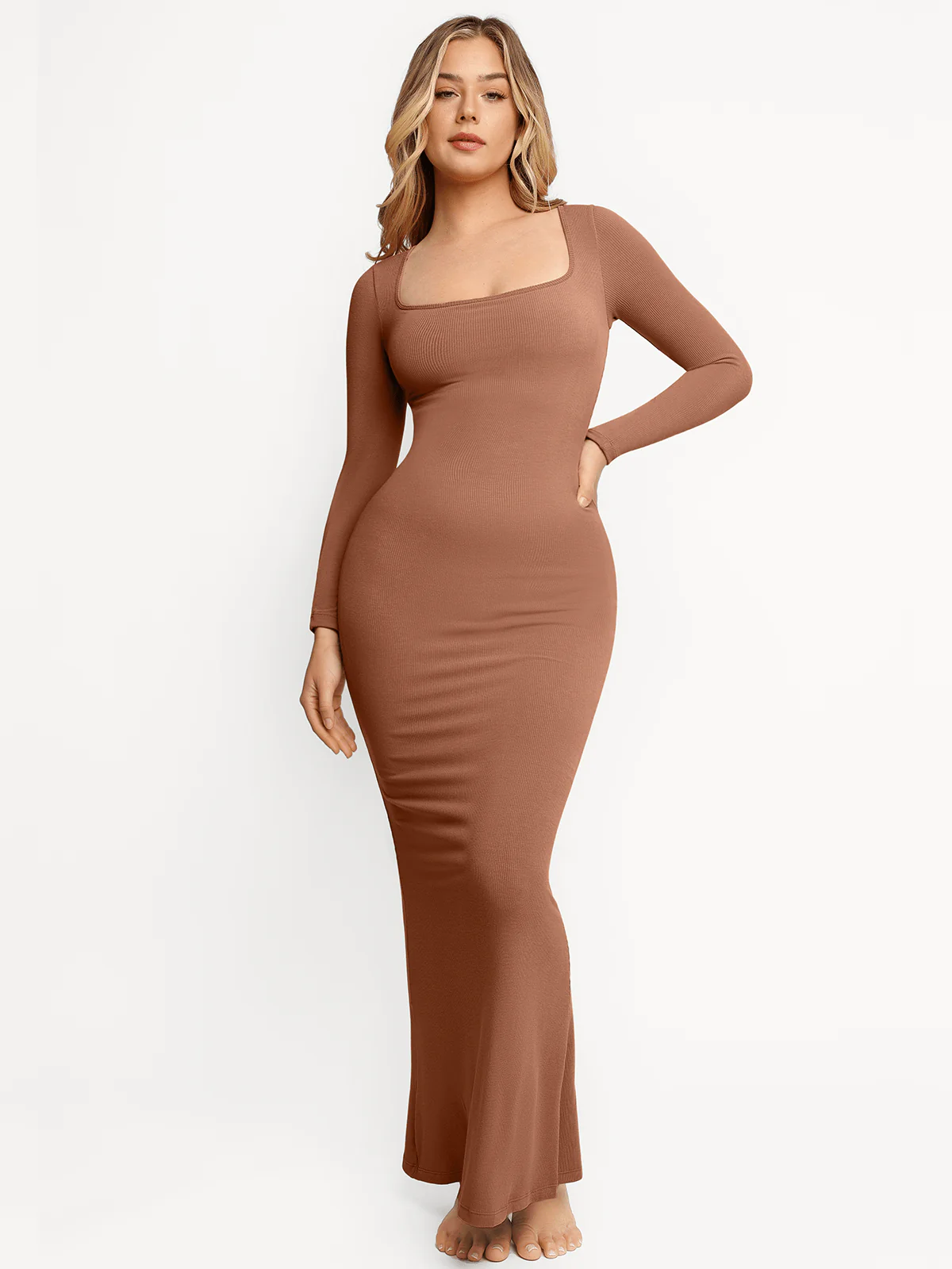 Shapewear Square Neck Long Sleeve Slimming Modal Maxi Dress - Image 25