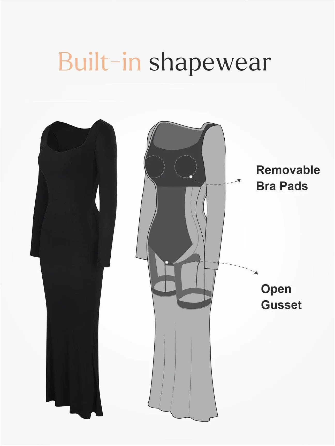 Shapewear Square Neck Long Sleeve Slimming Modal Maxi Dress - Image 3