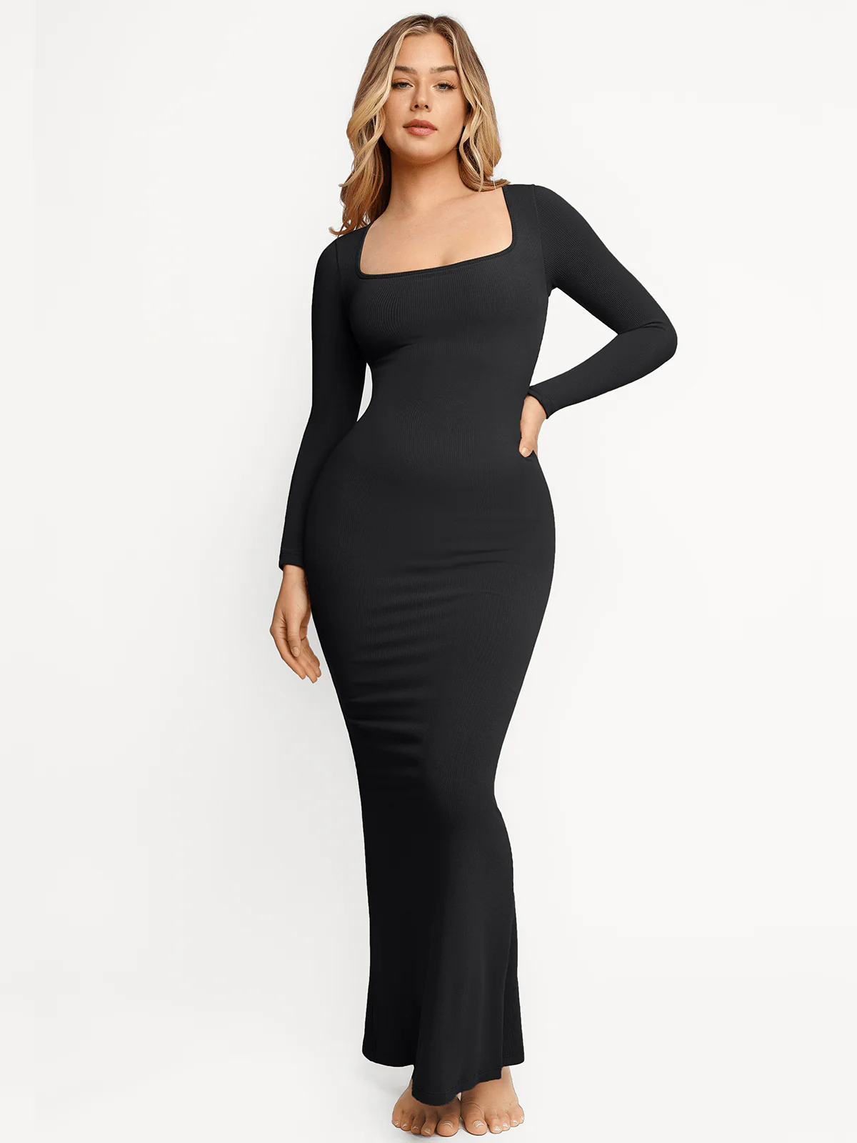 Shapewear Square Neck Long Sleeve Slimming Modal Maxi Dress - Image 30