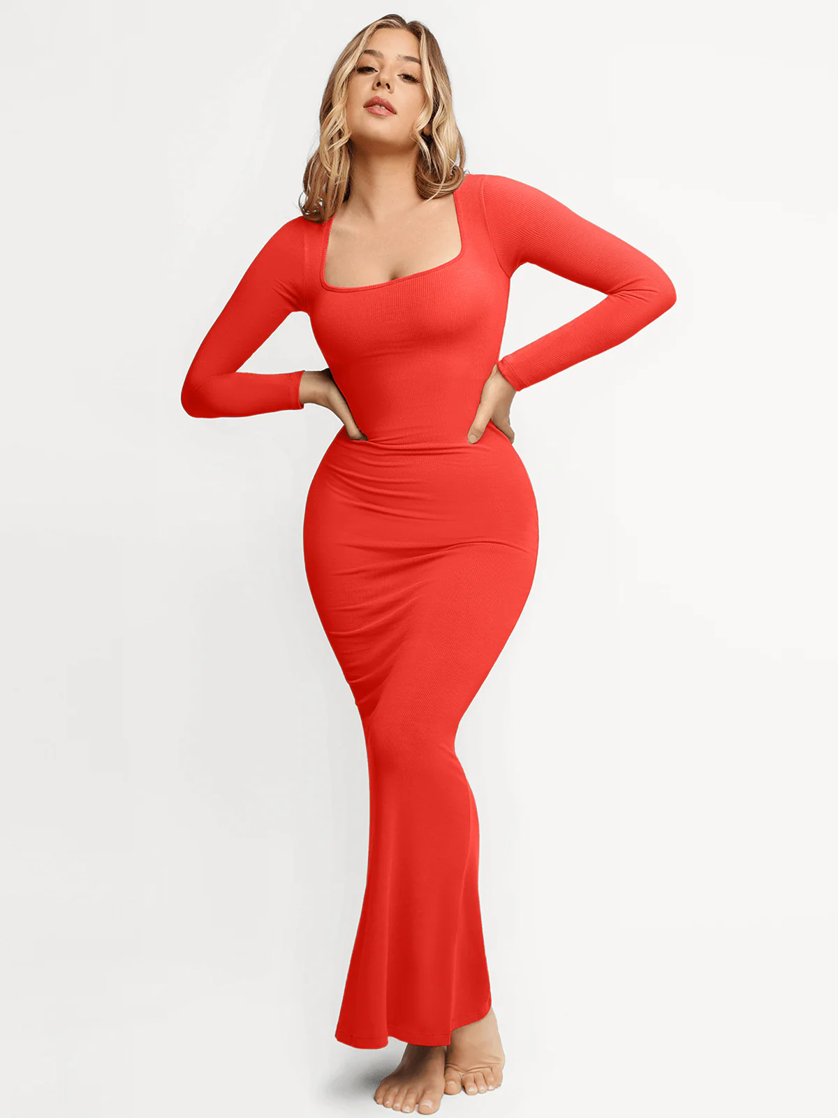 Shapewear Square Neck Long Sleeve Slimming Modal Maxi Dress - Image 40
