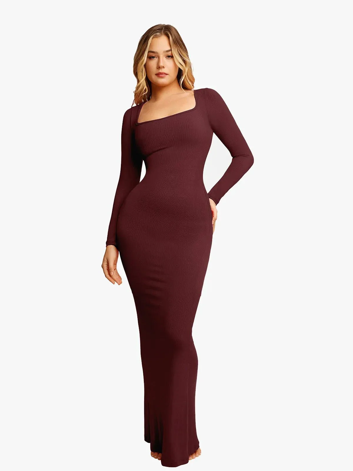 Shapewear Square Neck Long Sleeve Slimming Modal Maxi Dress - Image 45