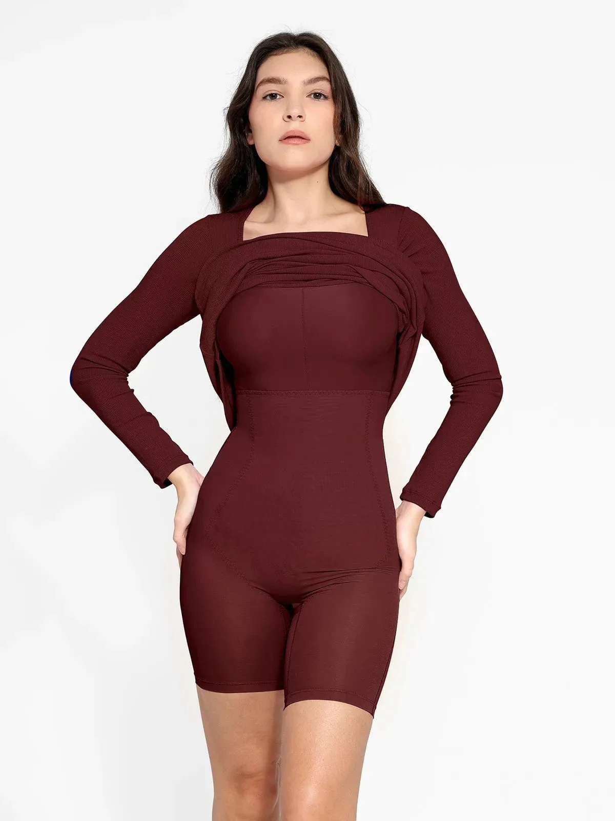 Shapewear Square Neck Long Sleeve Slimming Modal Maxi Dress - Image 48