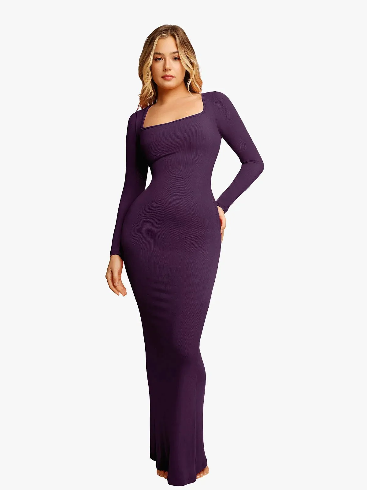 Shapewear Square Neck Long Sleeve Slimming Modal Maxi Dress - Image 49