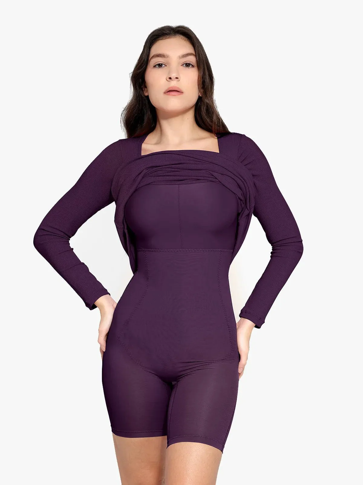 Shapewear Square Neck Long Sleeve Slimming Modal Maxi Dress - Image 50