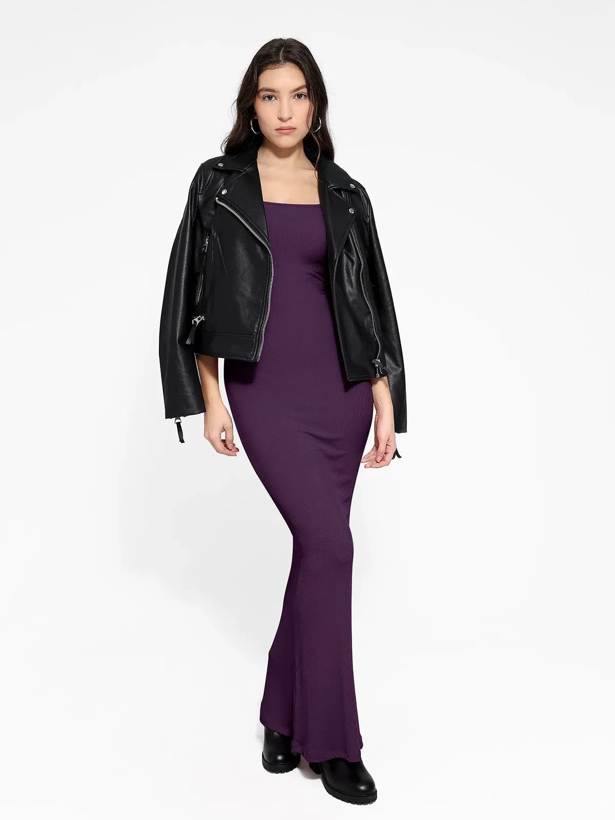 Shapewear Square Neck Long Sleeve Slimming Modal Maxi Dress - Image 53