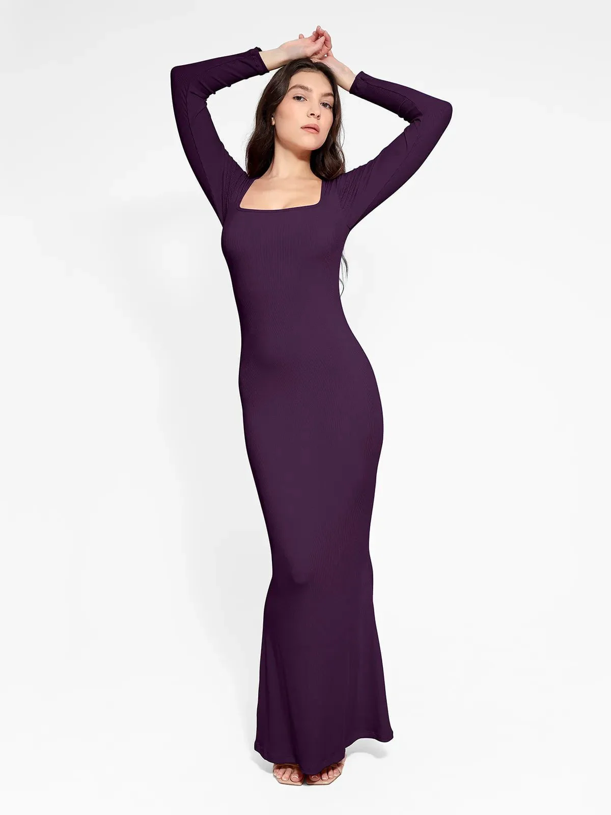 Shapewear Square Neck Long Sleeve Slimming Modal Maxi Dress - Image 54