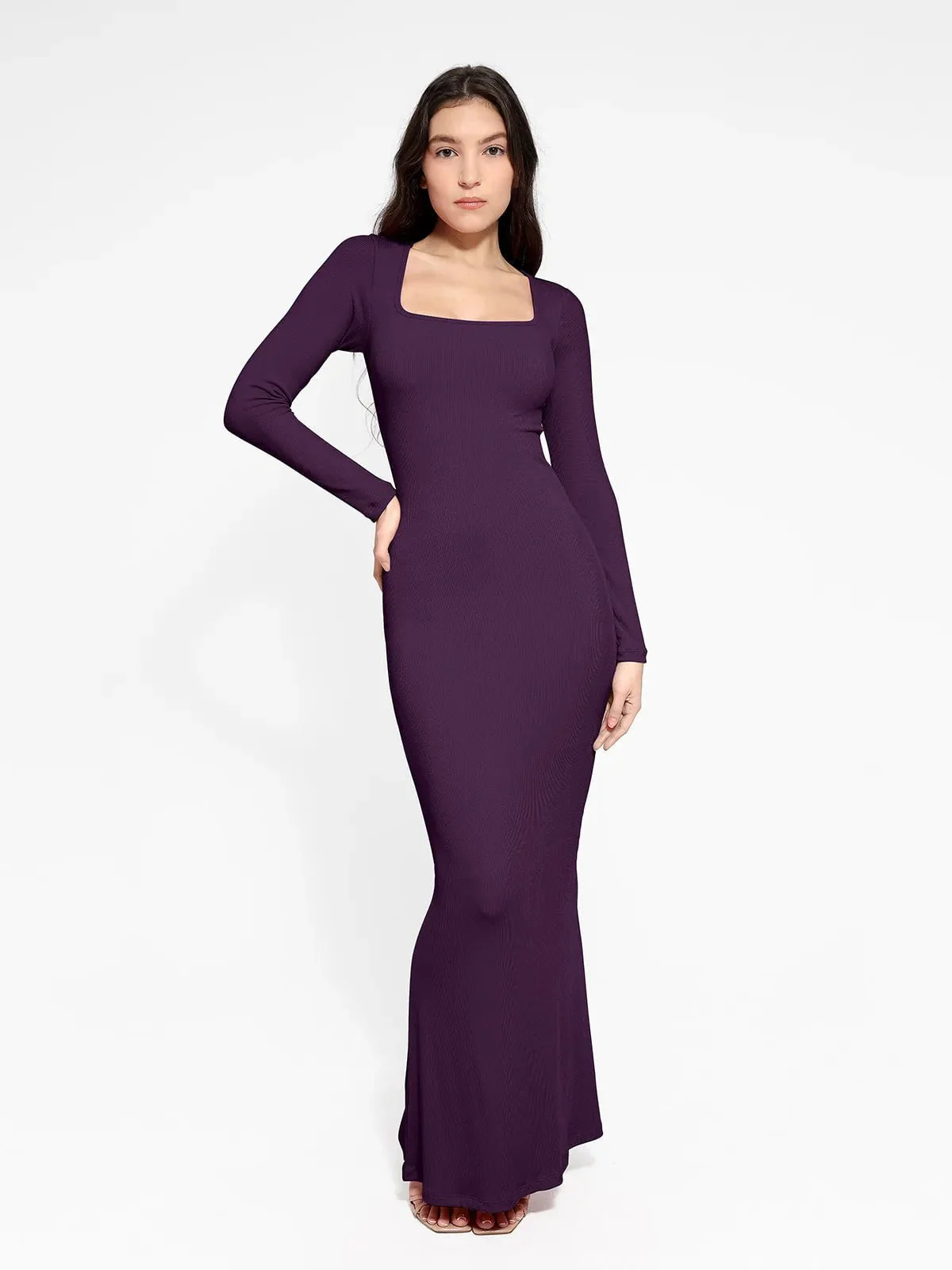 Shapewear Square Neck Long Sleeve Slimming Modal Maxi Dress - Image 55