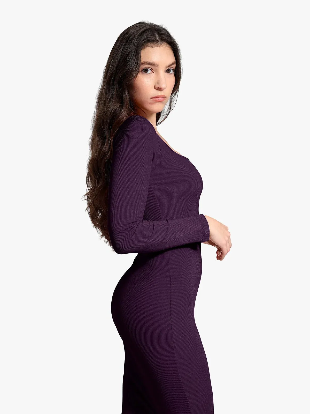 Shapewear Square Neck Long Sleeve Slimming Modal Maxi Dress - Image 57