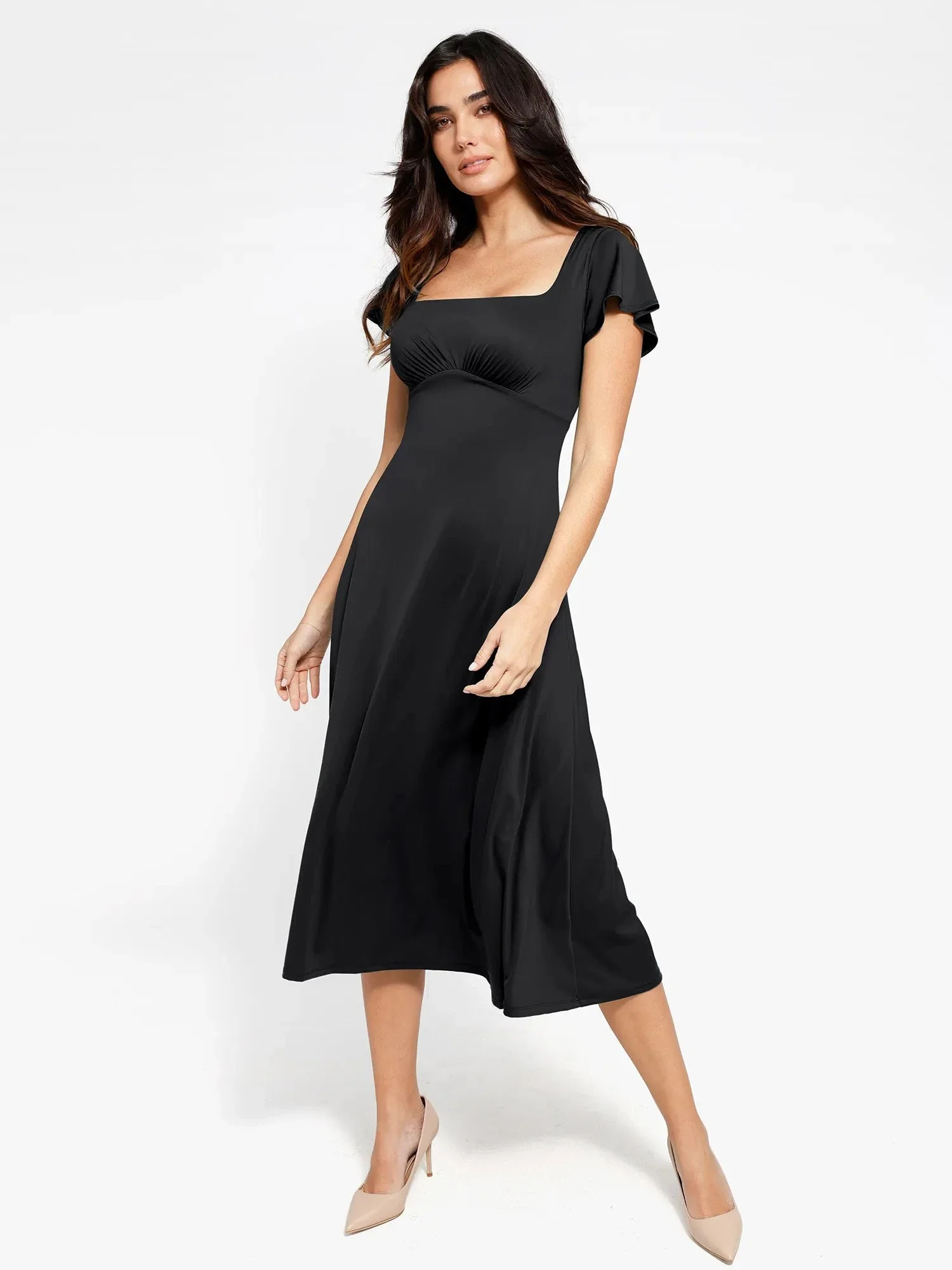 Shapewear Flutter Sleeve Sculpting A-Line Midi Dress - Image 13