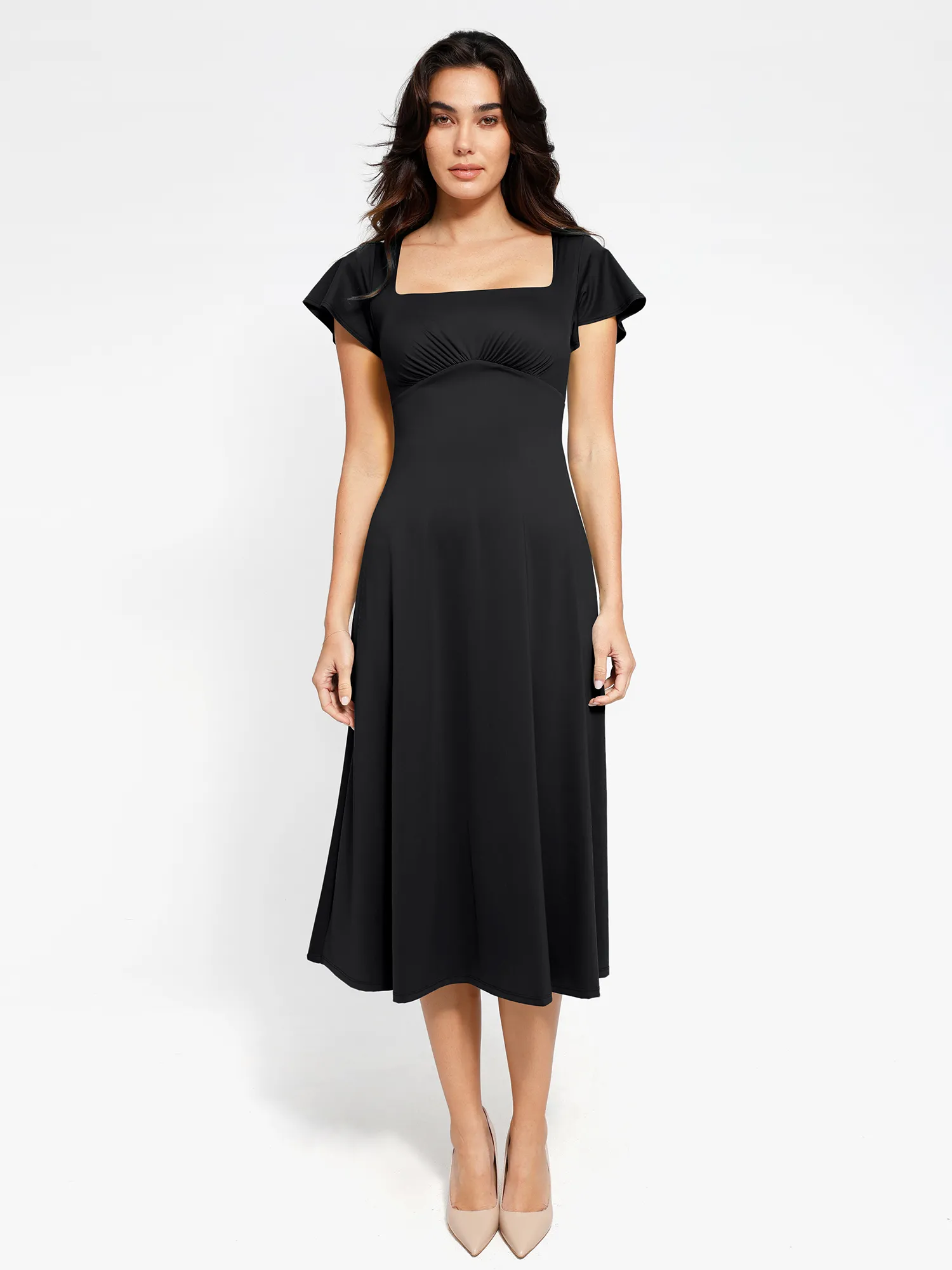 Shapewear Flutter Sleeve Sculpting A-Line Midi Dress - Image 9