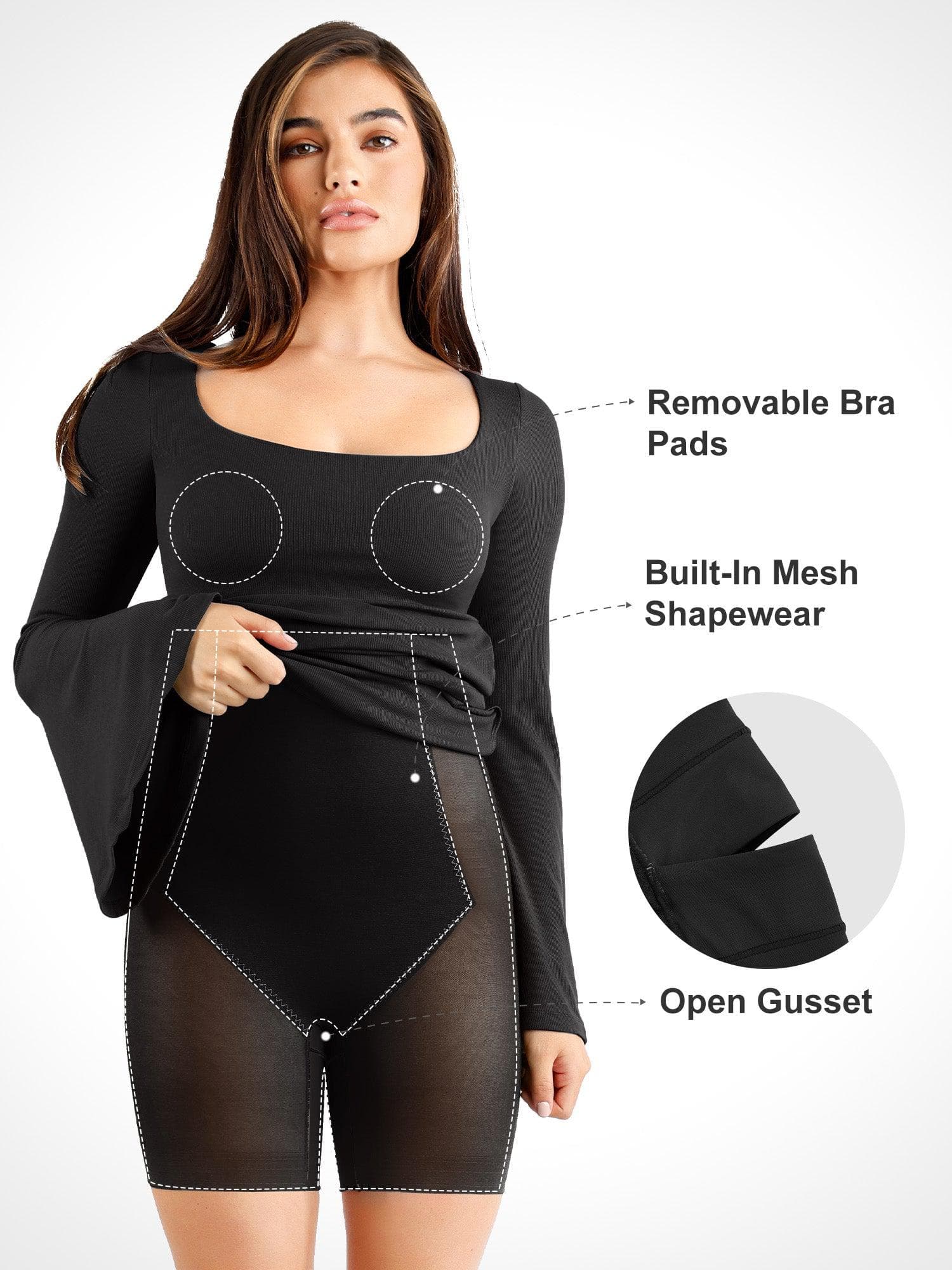Shapewear Bell Sleeve Square Neck Slimming Midi Dress - Image 15