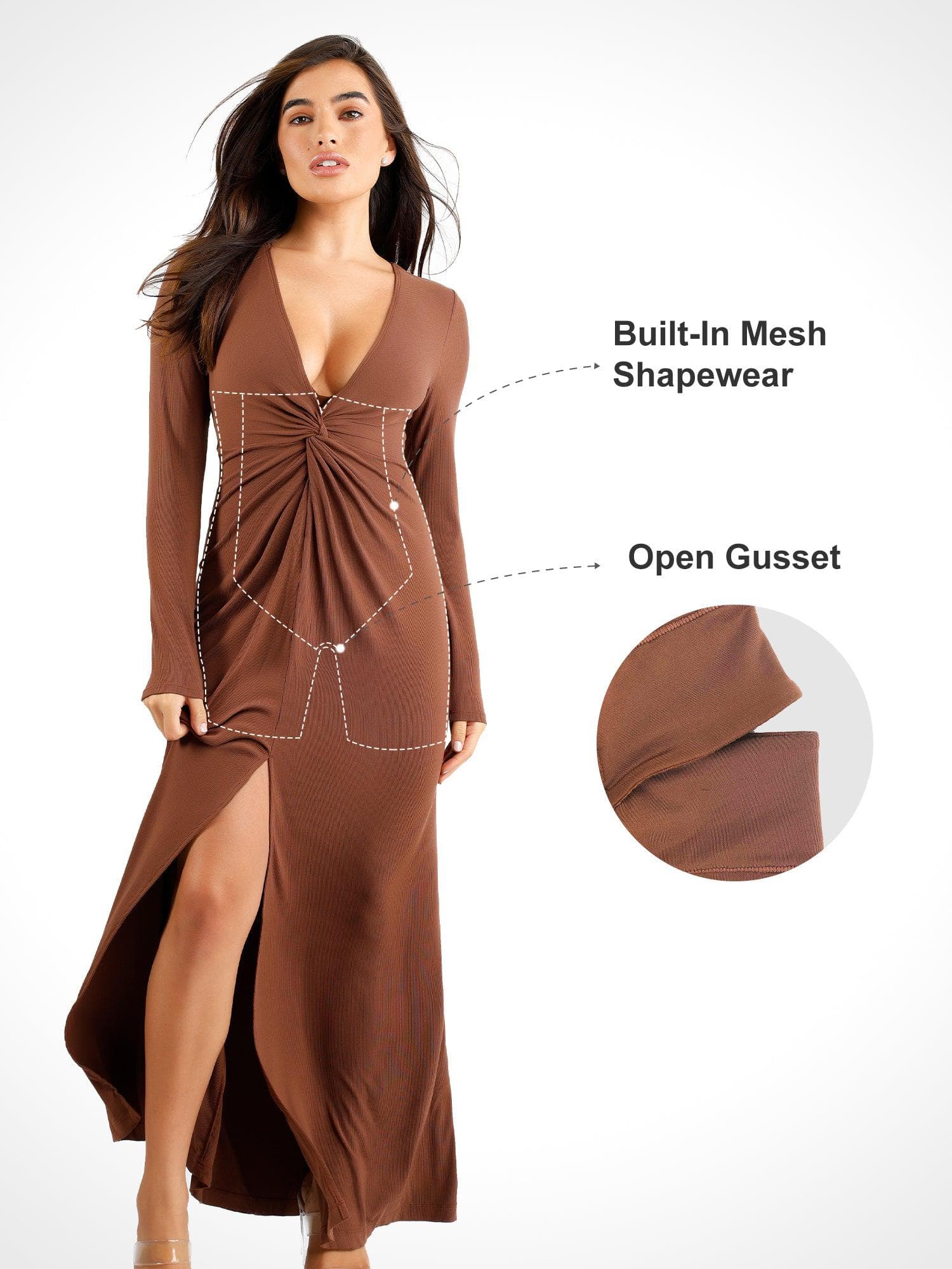 Shapewear Deep V Bias Twist Front Slit Hourglass Maxi Dress - Image 2