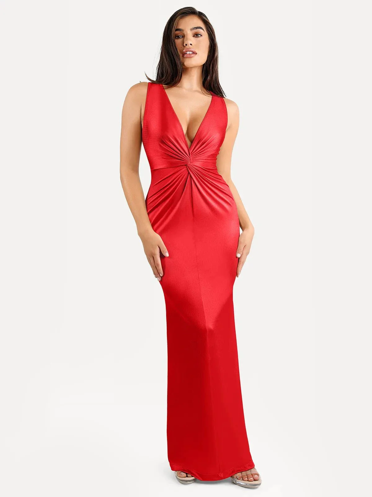 Shapewear Shine Deep V-Neck Bias Twist Hourglass Maxi Dress - Image 8