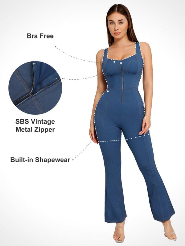 Shapewear Denim Short Sleeve Zip Front Butt Lift Jumpsuit - Image 12