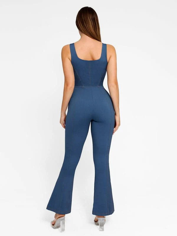 Shapewear Denim Short Sleeve Zip Front Butt Lift Jumpsuit - Image 14