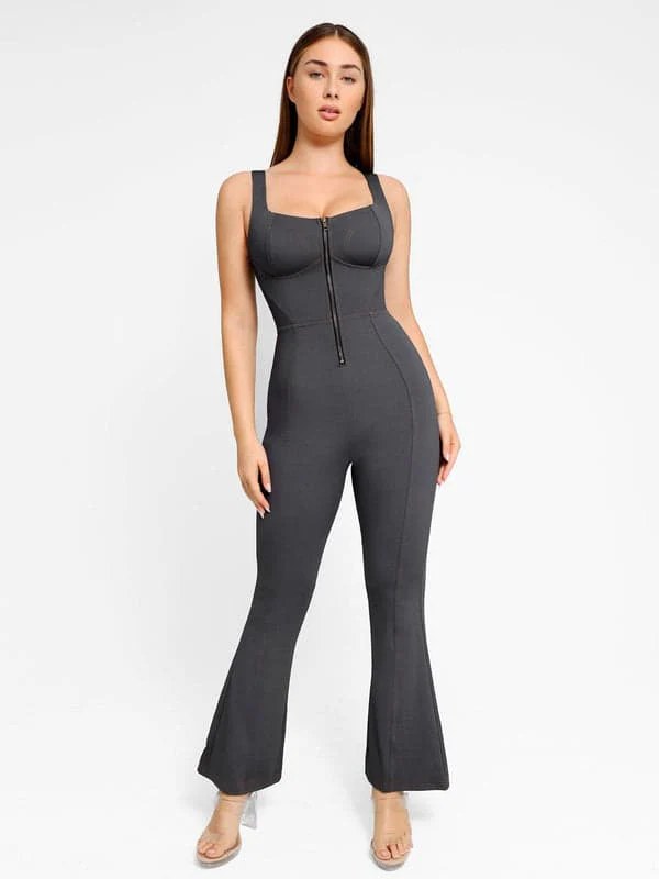 Shapewear Denim Short Sleeve Zip Front Butt Lift Jumpsuit - Image 16