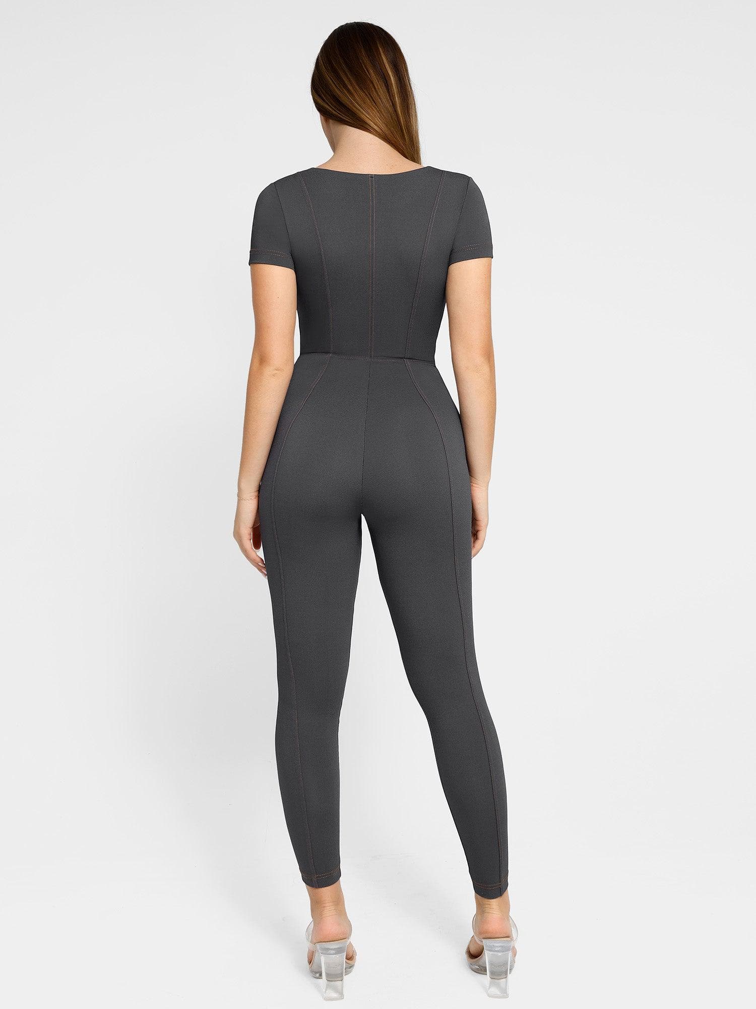 Shapewear Denim Short Sleeve Zip Front Butt Lift Jumpsuit - Image 9