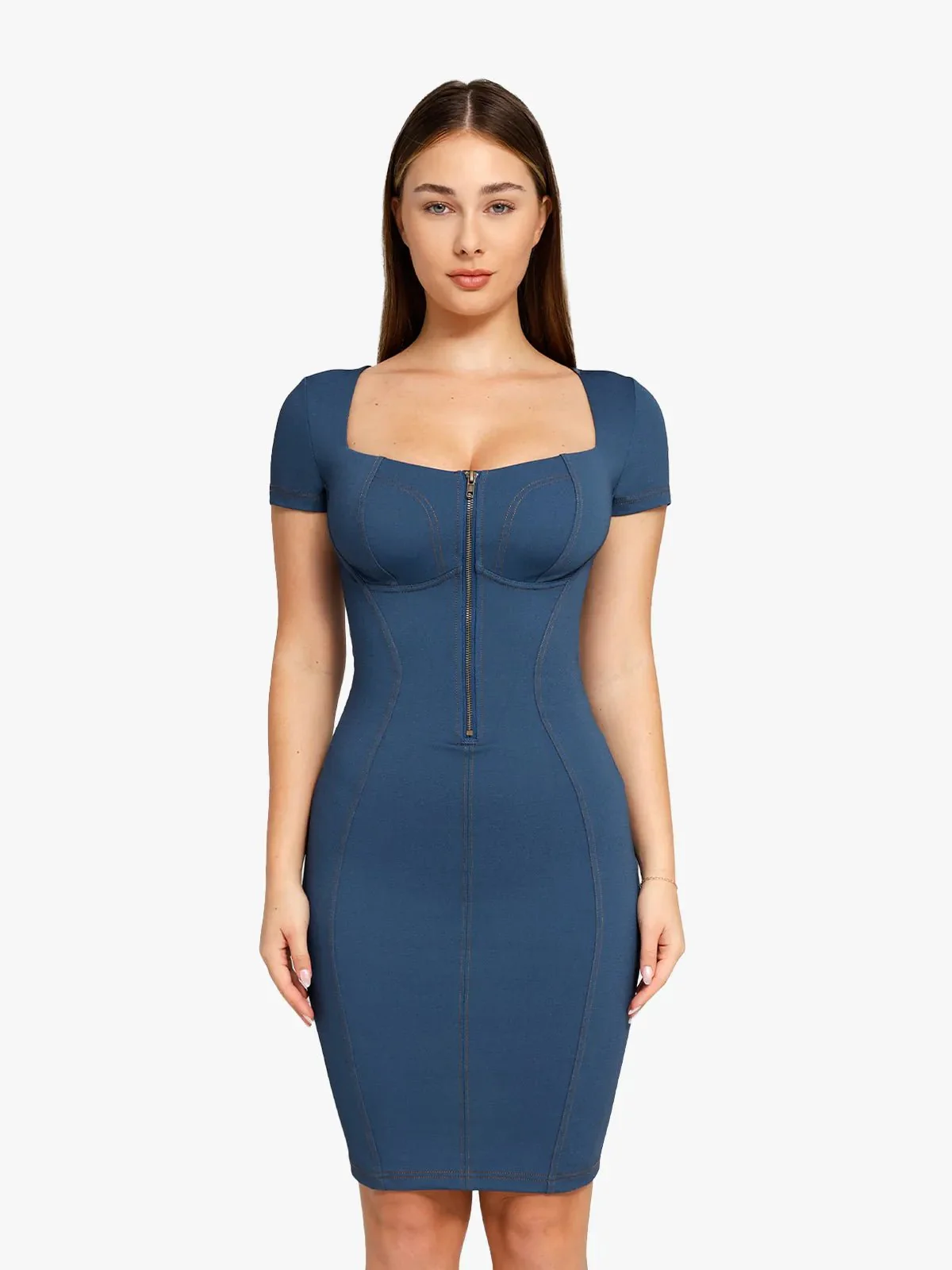 Shapewear Denim Square Neck Tummy Control Midi Dress - Image 15