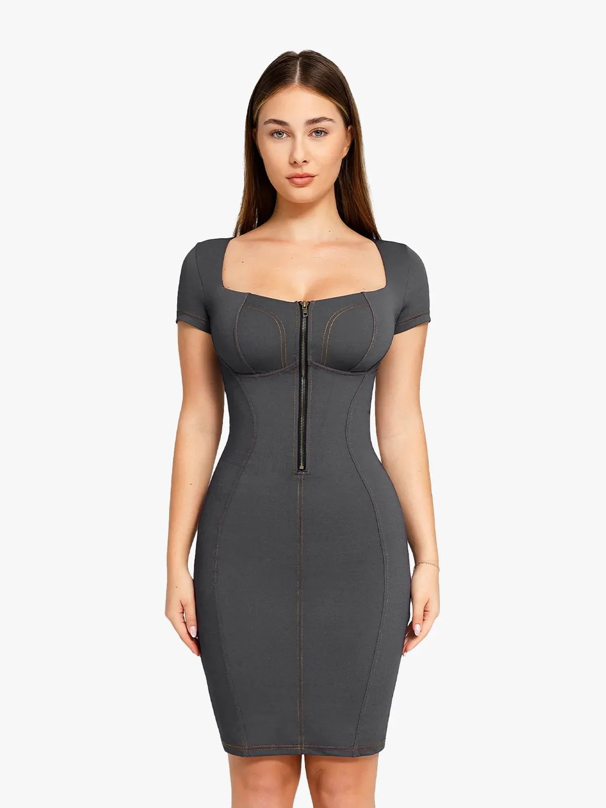 Shapewear Denim Square Neck Tummy Control Midi Dress - Image 7