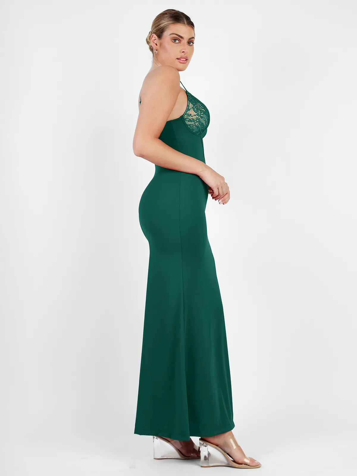 Shapewear Lace V Neck Side Slit Slimming Maxi Slip Dress - Image 11