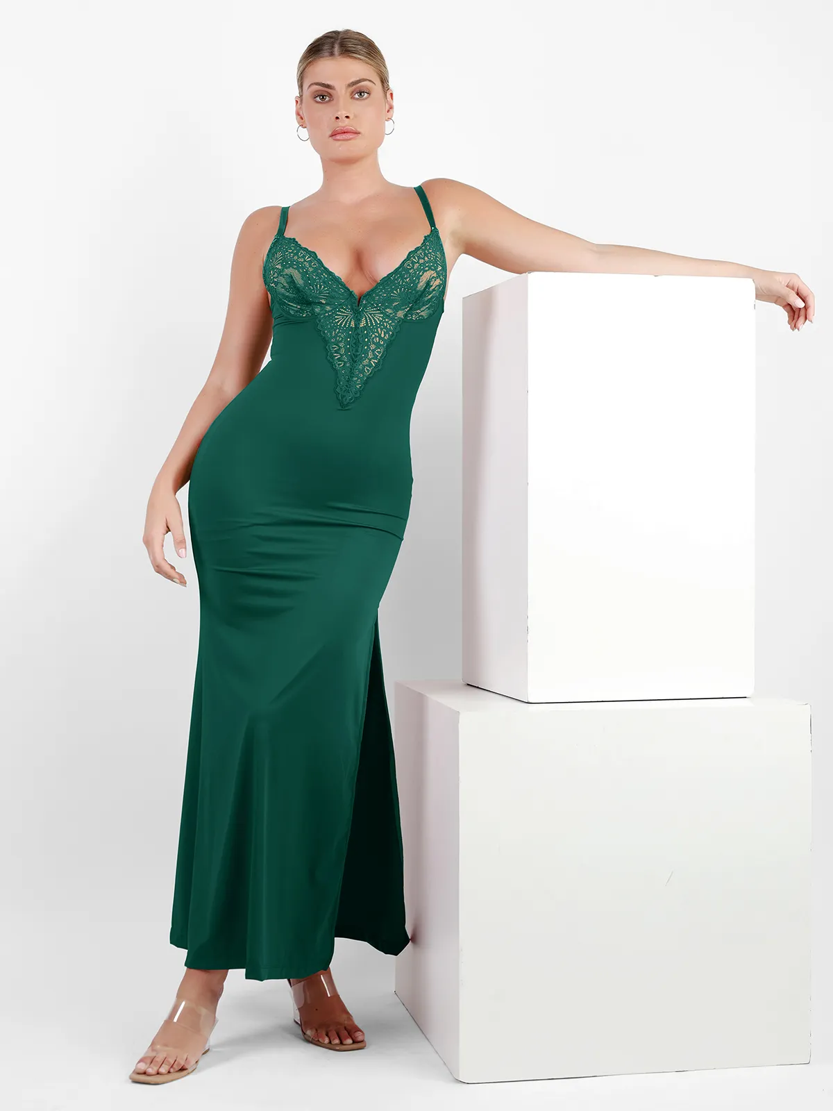 Shapewear Lace V Neck Side Slit Slimming Maxi Slip Dress - Image 12