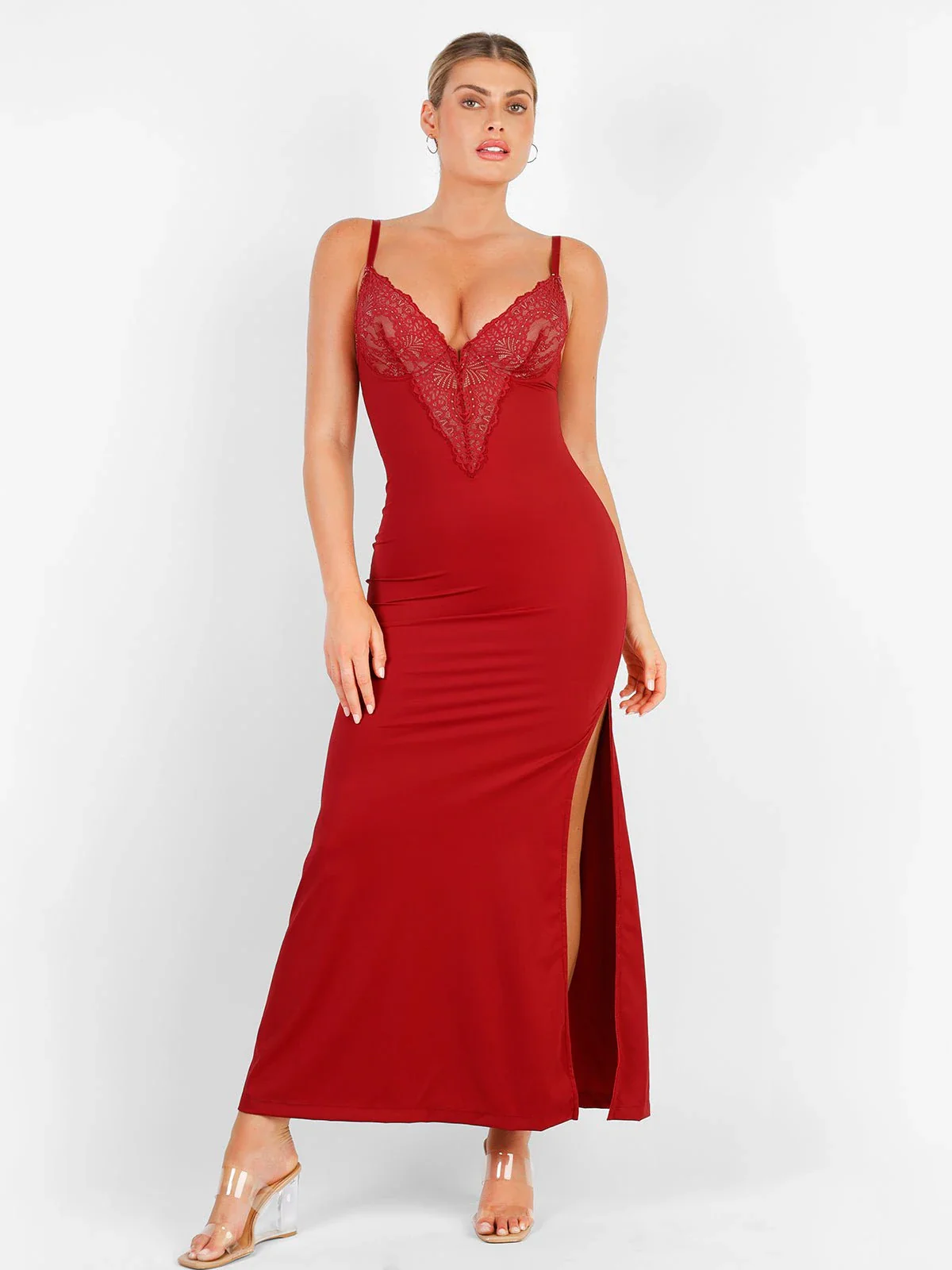 Shapewear Lace V Neck Side Slit Slimming Maxi Slip Dress - Image 15