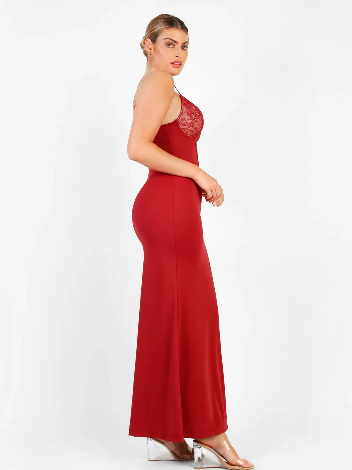 Shapewear Lace V Neck Side Slit Slimming Maxi Slip Dress - Image 16