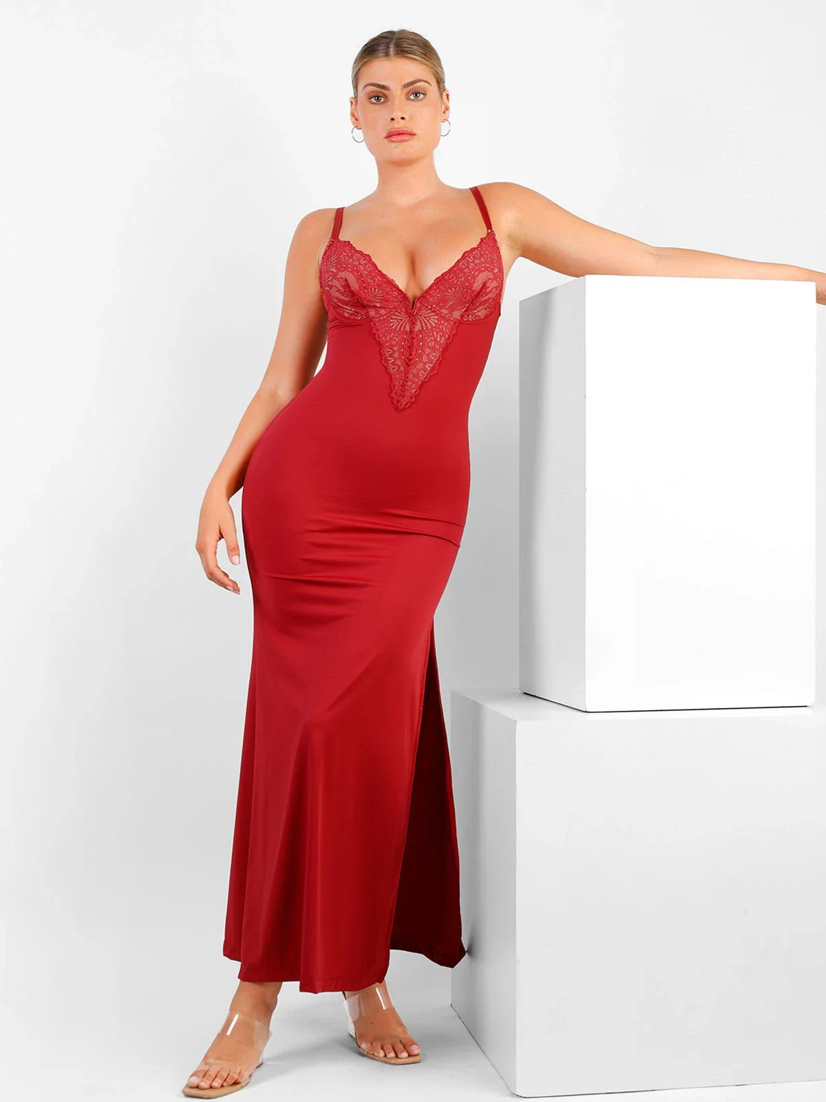 Shapewear Lace V Neck Side Slit Slimming Maxi Slip Dress - Image 17