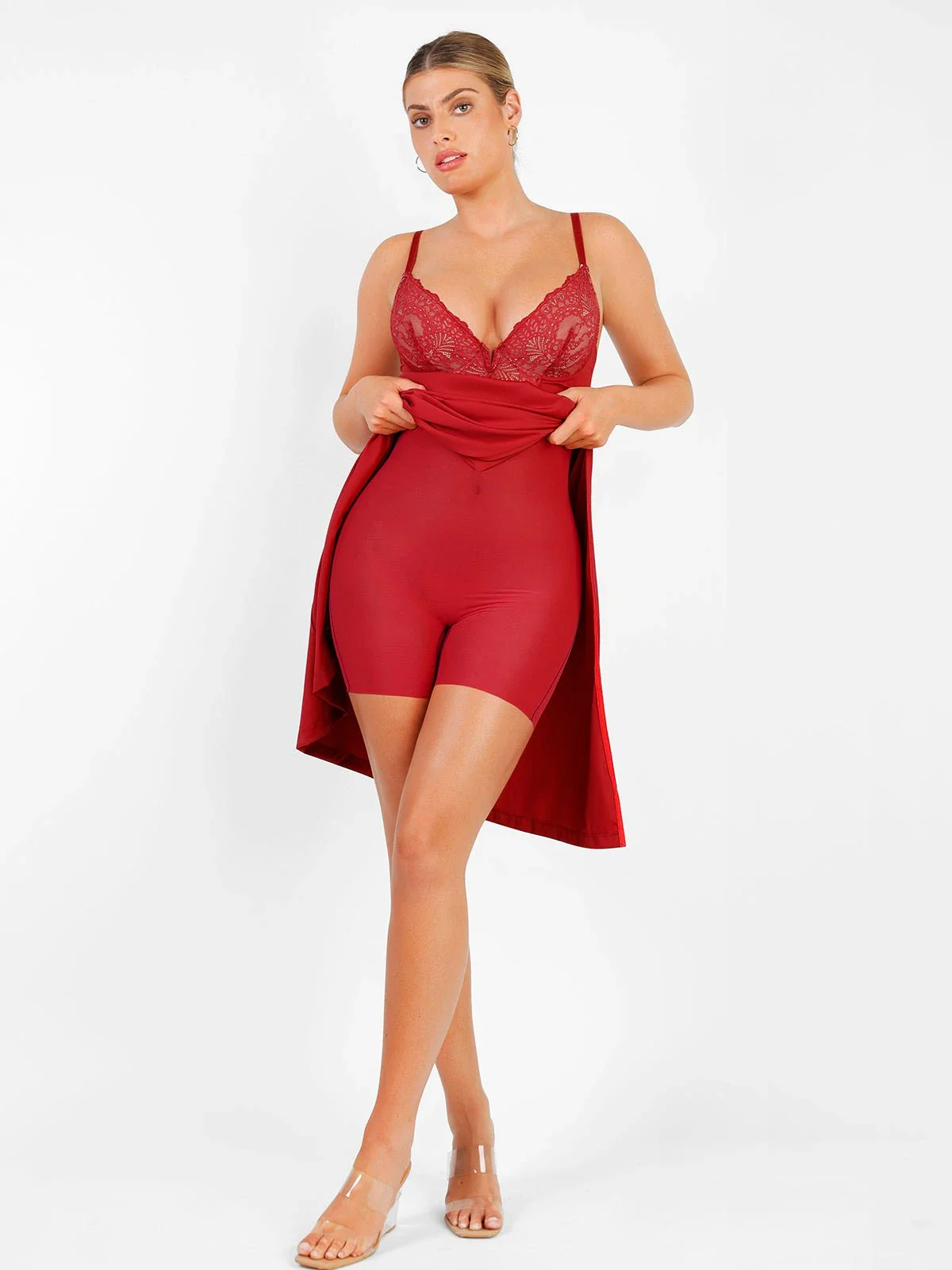 Shapewear Lace V Neck Side Slit Slimming Maxi Slip Dress - Image 18