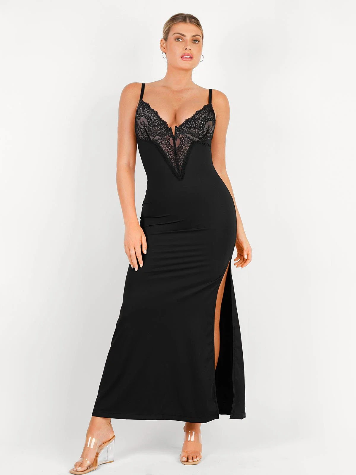 Shapewear Lace V Neck Side Slit Slimming Maxi Slip Dress - Image 21