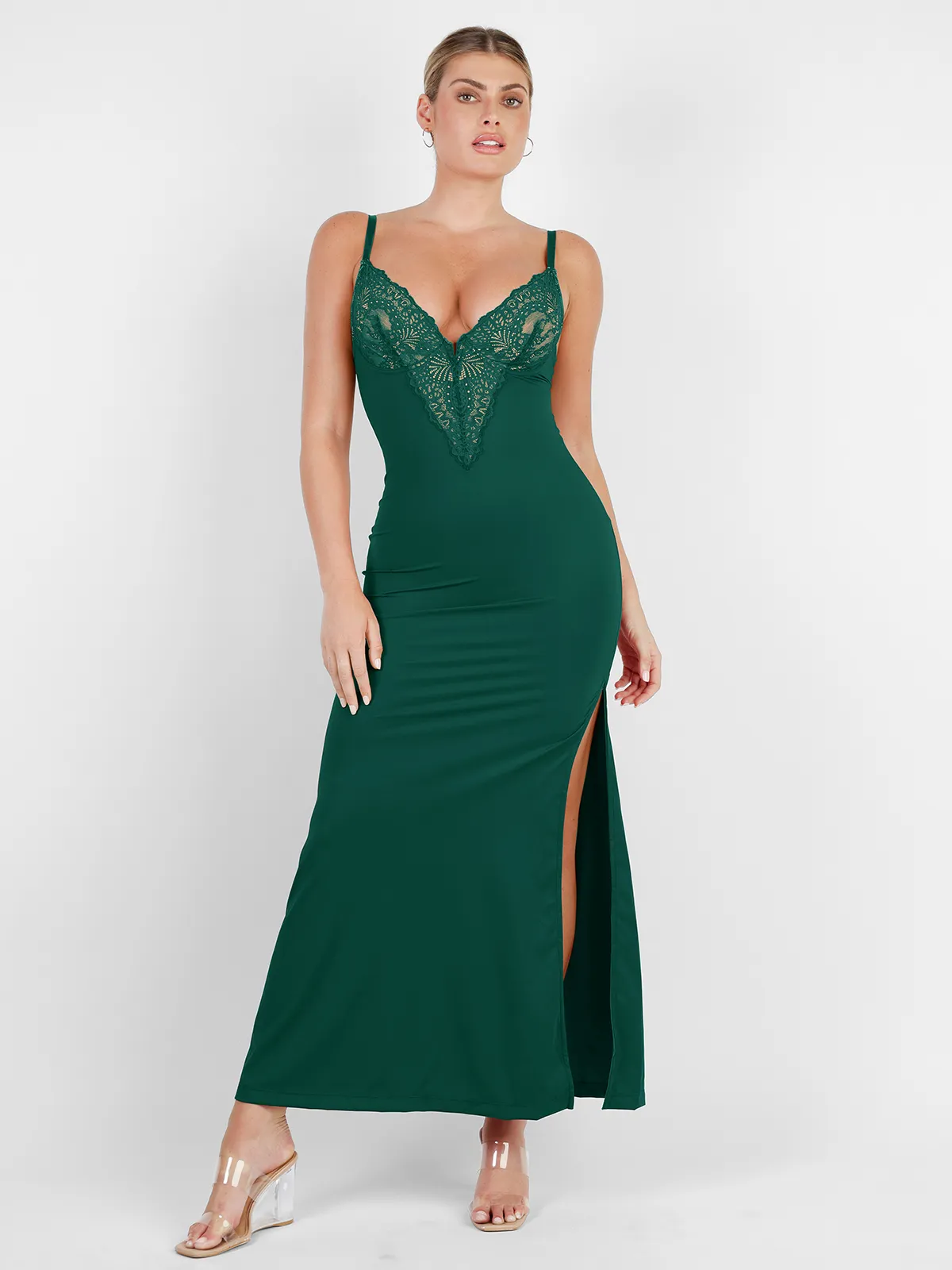 Shapewear Lace V Neck Side Slit Slimming Maxi Slip Dress - Image 9