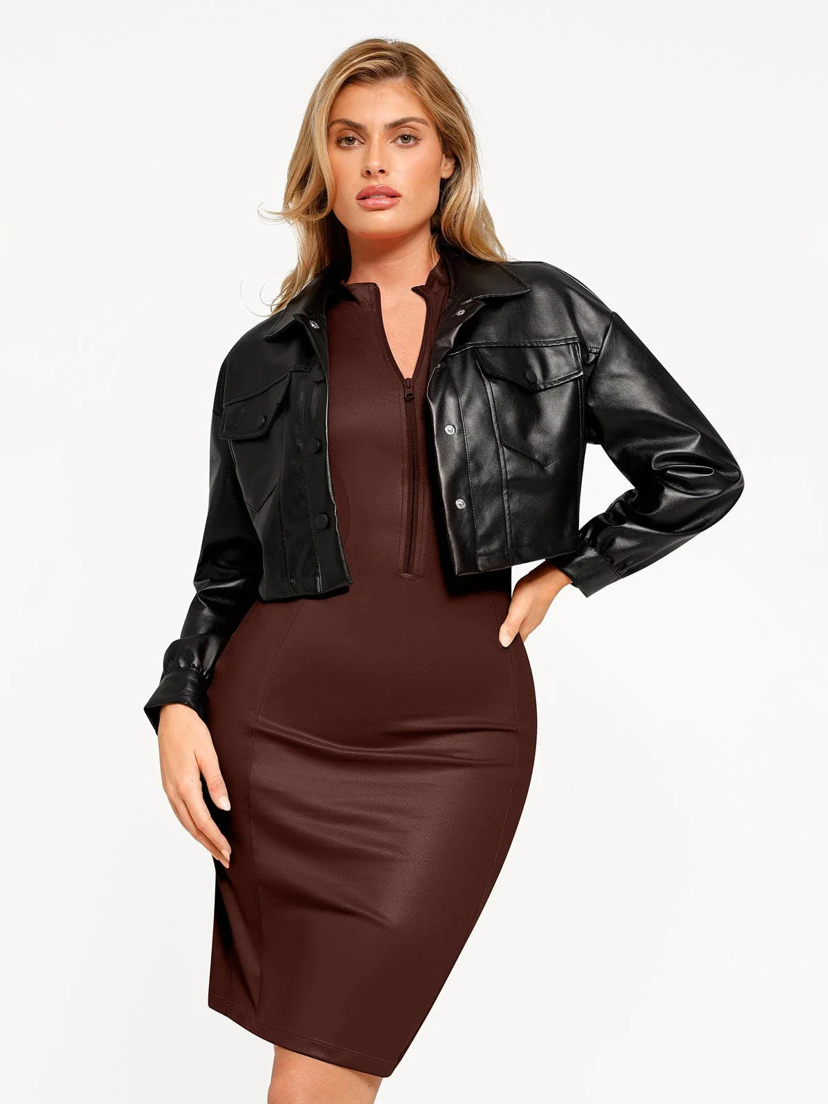Shapewear Sculpting Faux Leather Zip Front Midi Dress - Image 13