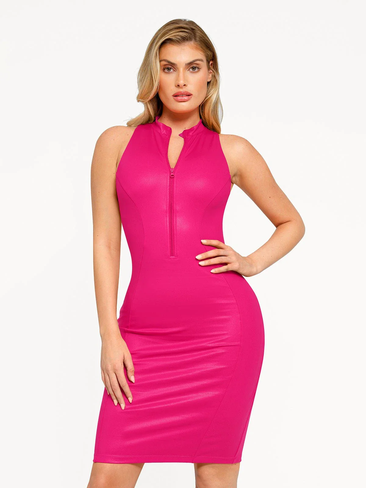 Shapewear Sculpting Faux Leather Zip Front Midi Dress - Image 17