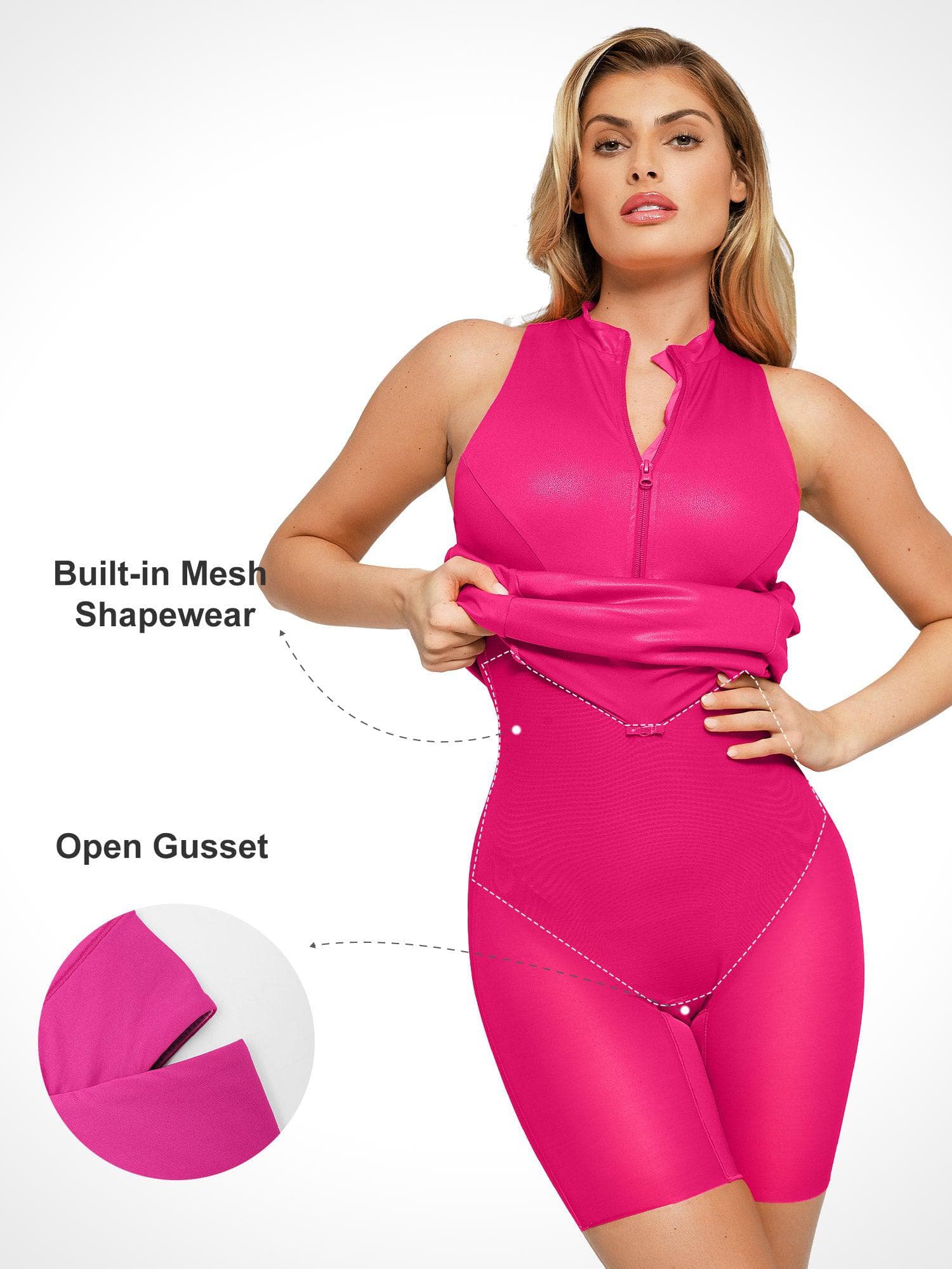 Shapewear Sculpting Faux Leather Zip Front Midi Dress - Image 18
