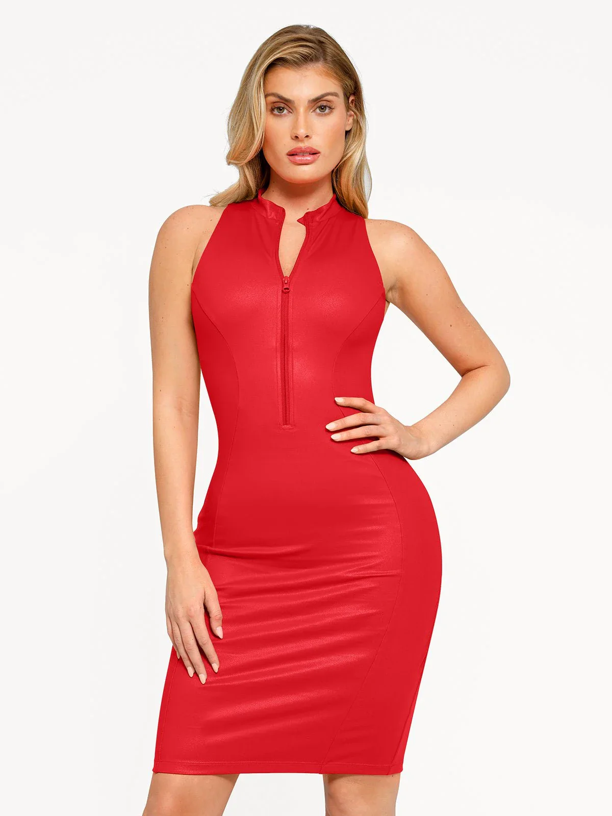 Shapewear Sculpting Faux Leather Zip Front Midi Dress - Image 2