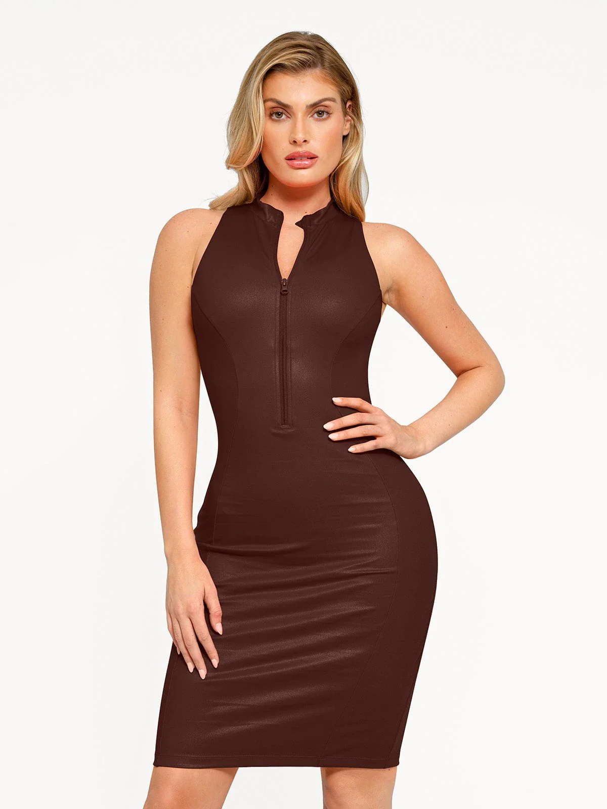 Shapewear Sculpting Faux Leather Zip Front Midi Dress - Image 9