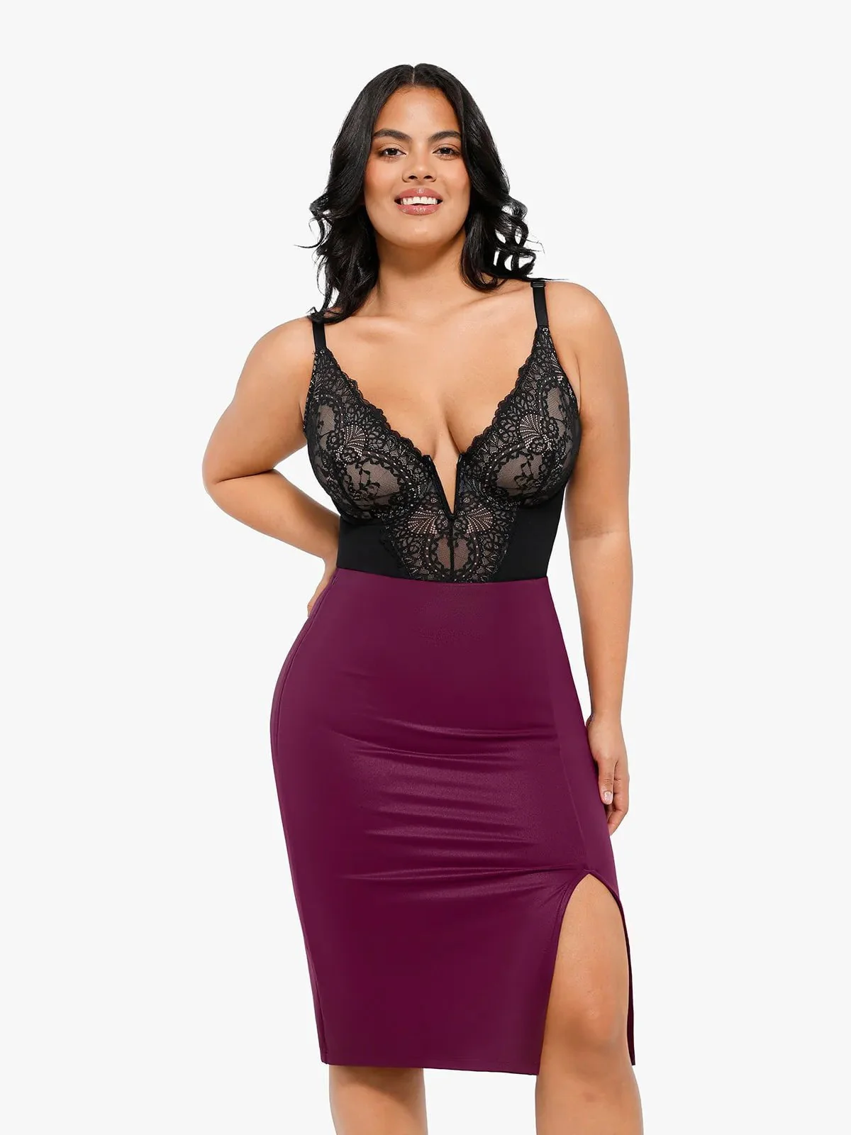 Shapewear Sculpting Faux Leather Front Slit Midi Skirt - Image 22