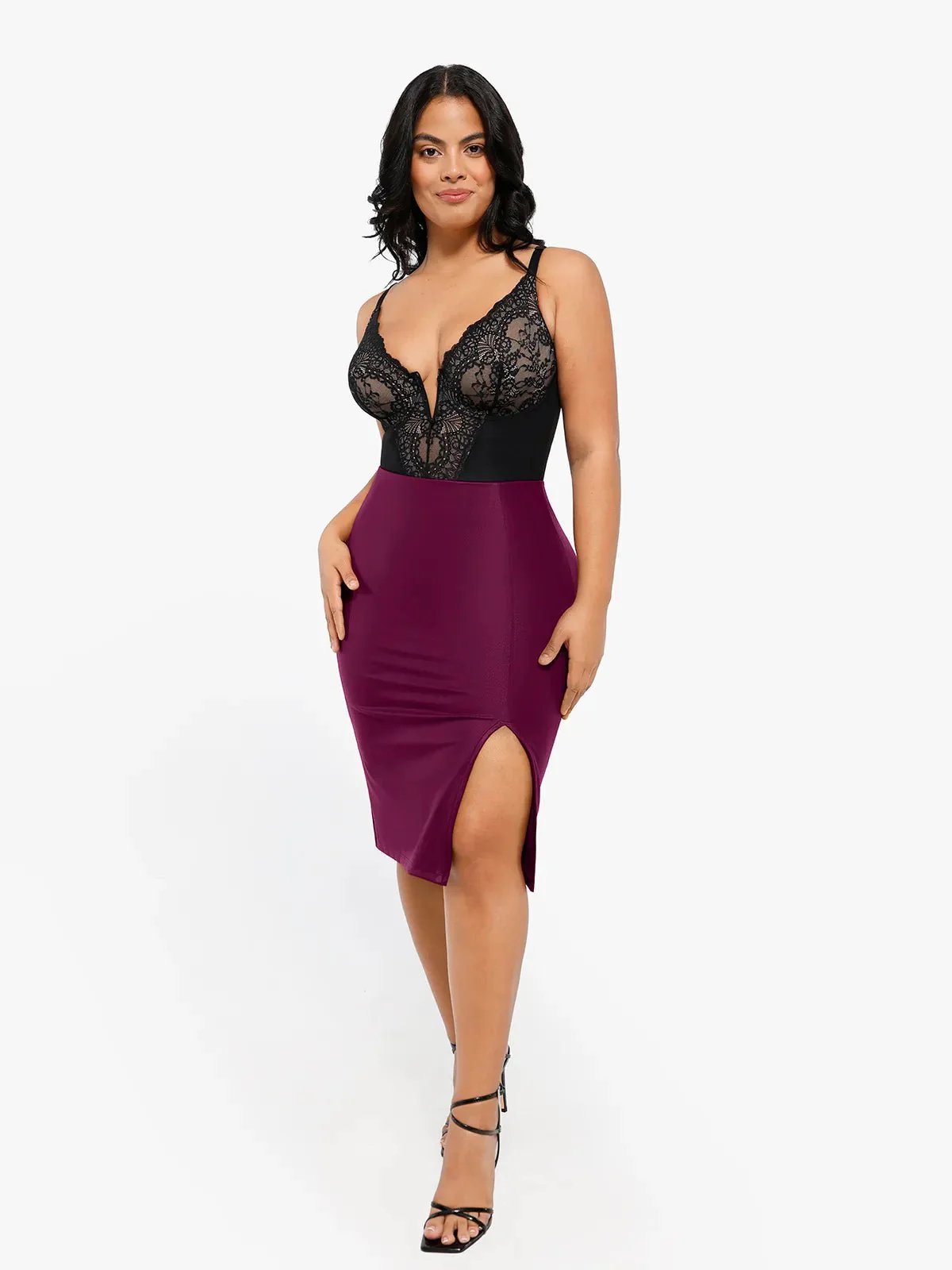 Shapewear Sculpting Faux Leather Front Slit Midi Skirt - Image 23