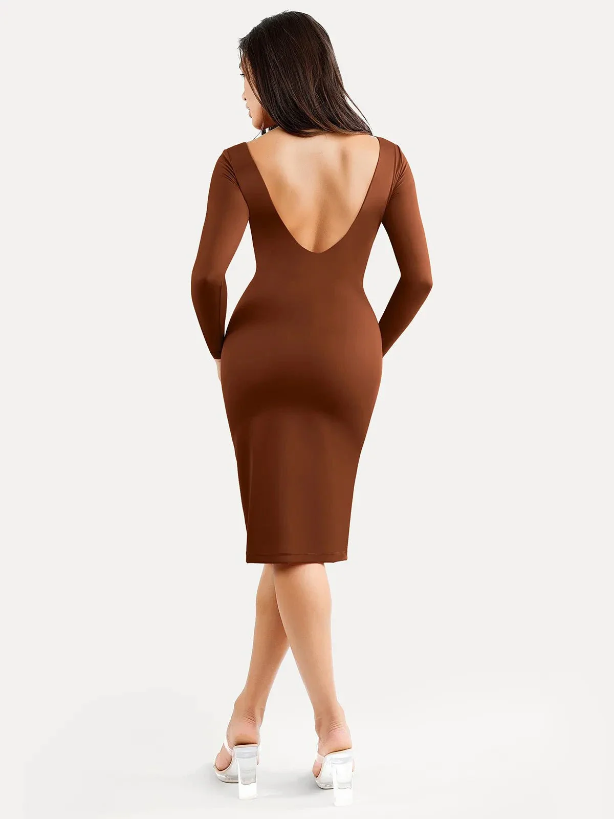 Shapewear Long Sleeve Boat Neck Sculpting Midi Dress - Image 11