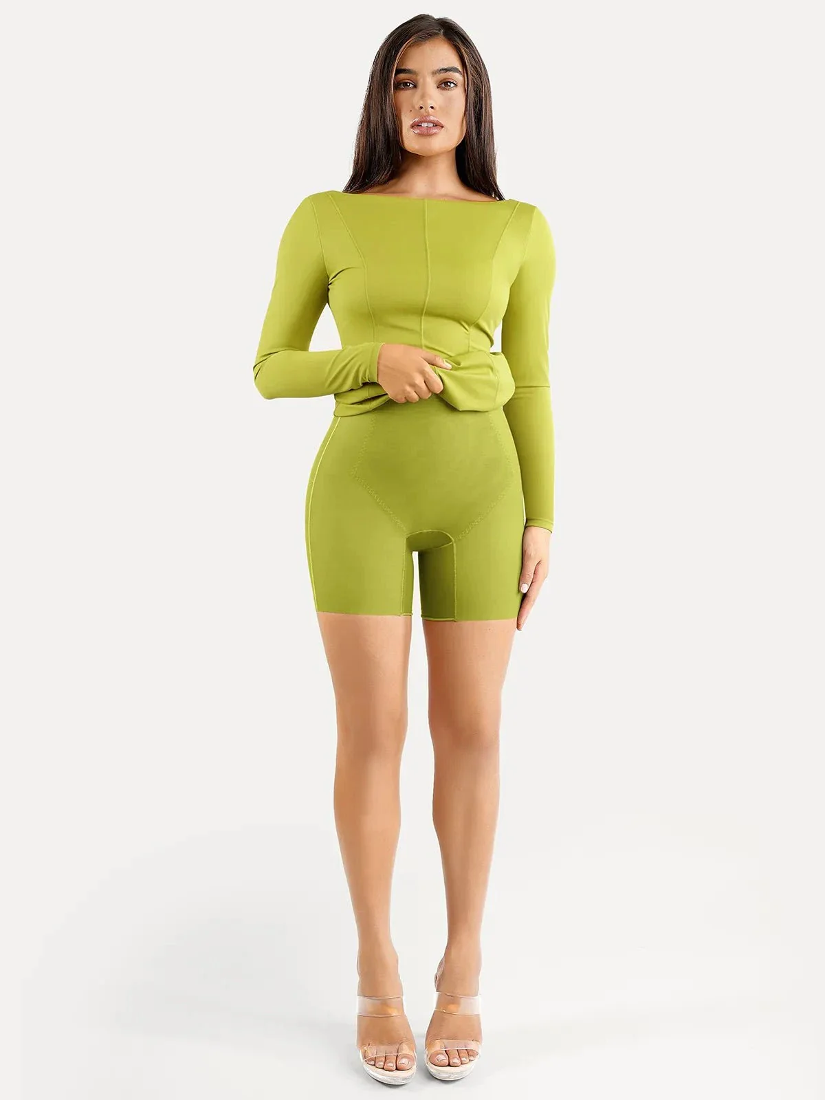 Shapewear Long Sleeve Boat Neck Sculpting Midi Dress - Image 19