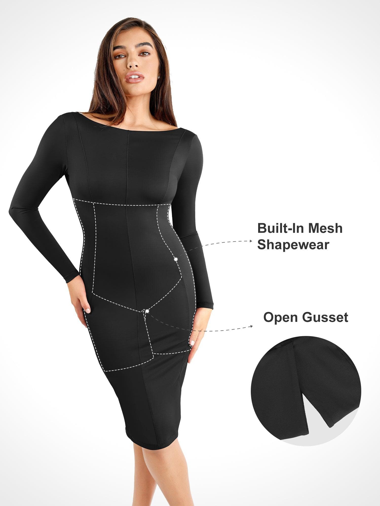 Shapewear Long Sleeve Boat Neck Sculpting Midi Dress - Image 2