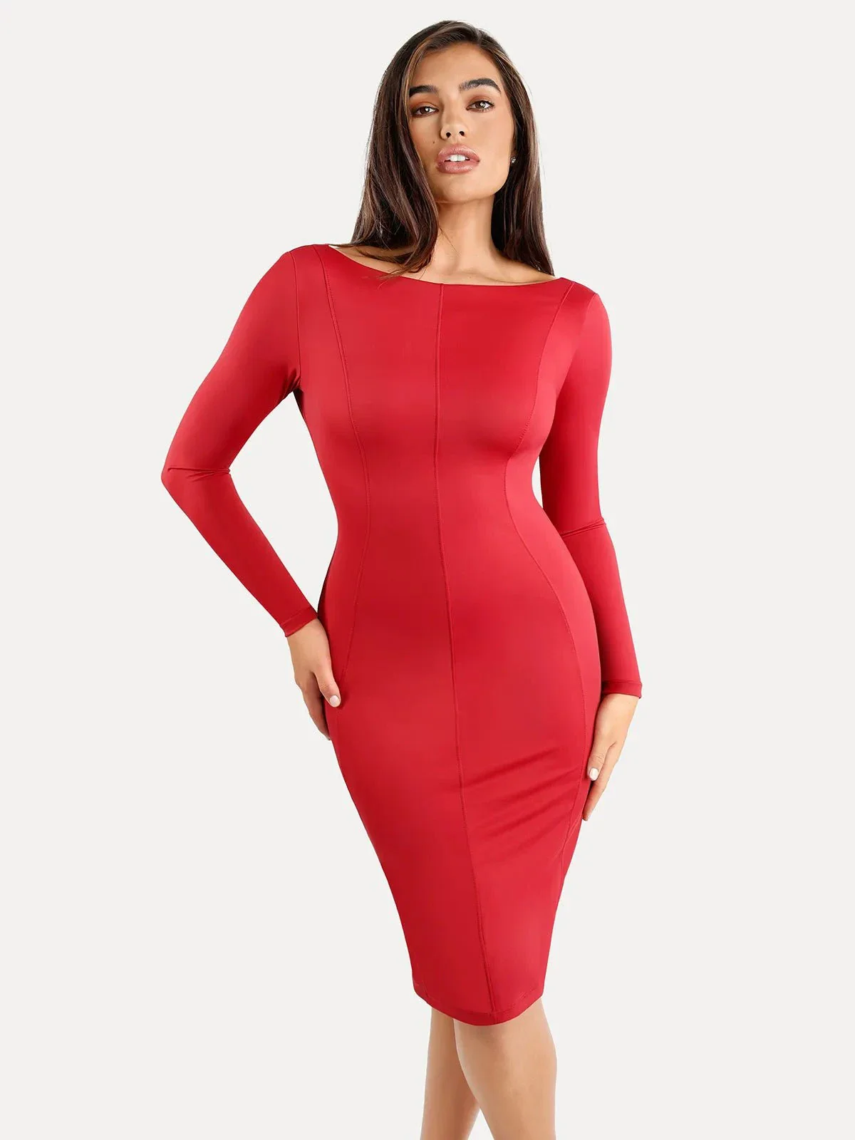 Shapewear Long Sleeve Boat Neck Sculpting Midi Dress - Image 21