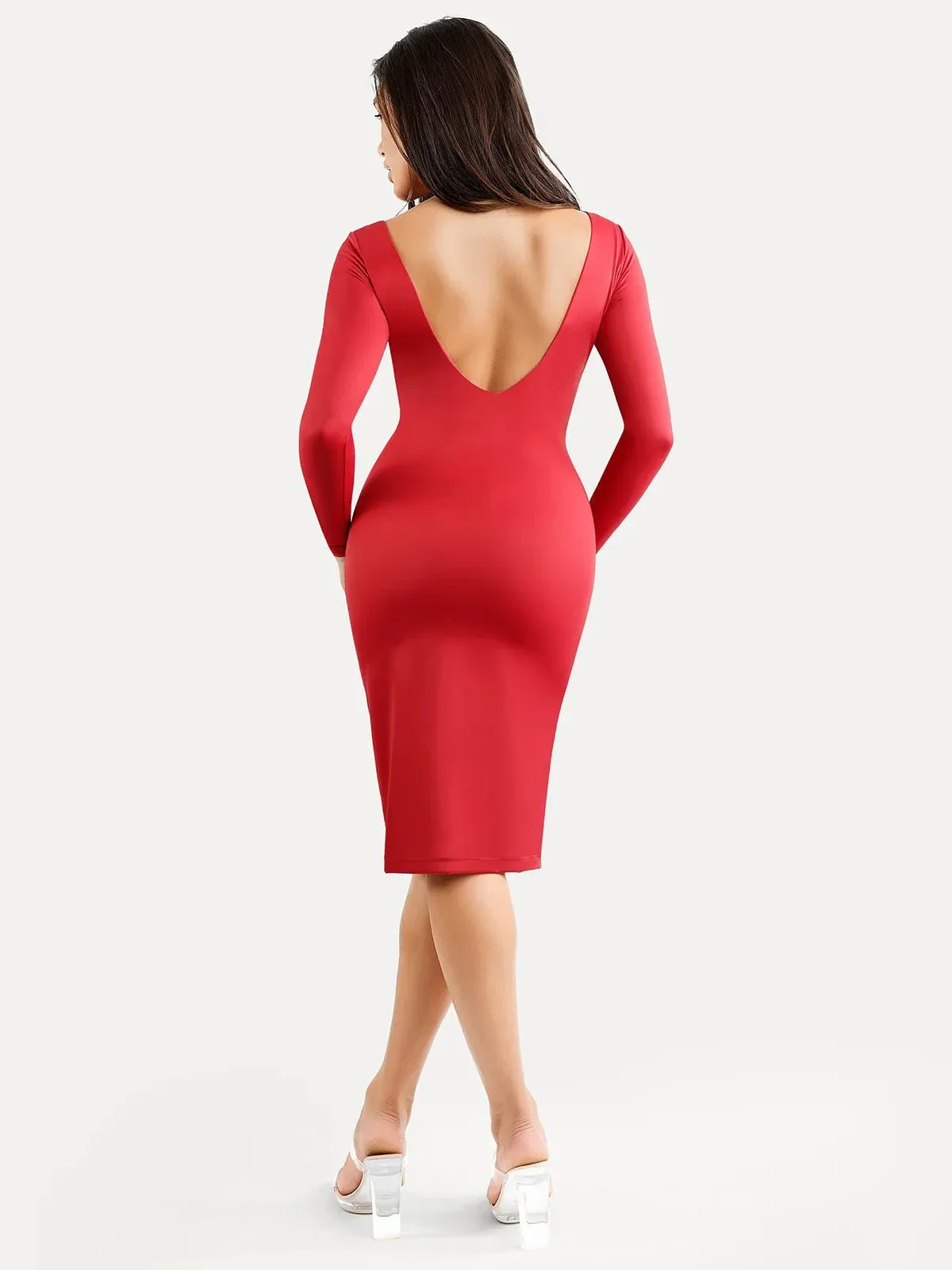 Shapewear Long Sleeve Boat Neck Sculpting Midi Dress - Image 25