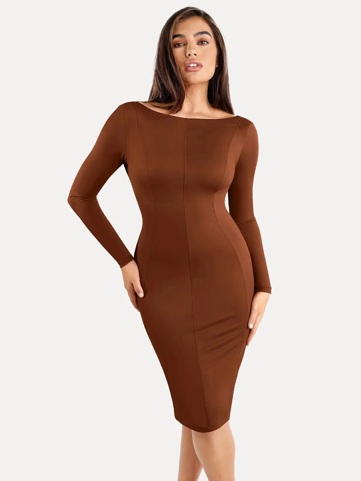 Shapewear Long Sleeve Boat Neck Sculpting Midi Dress - Image 8