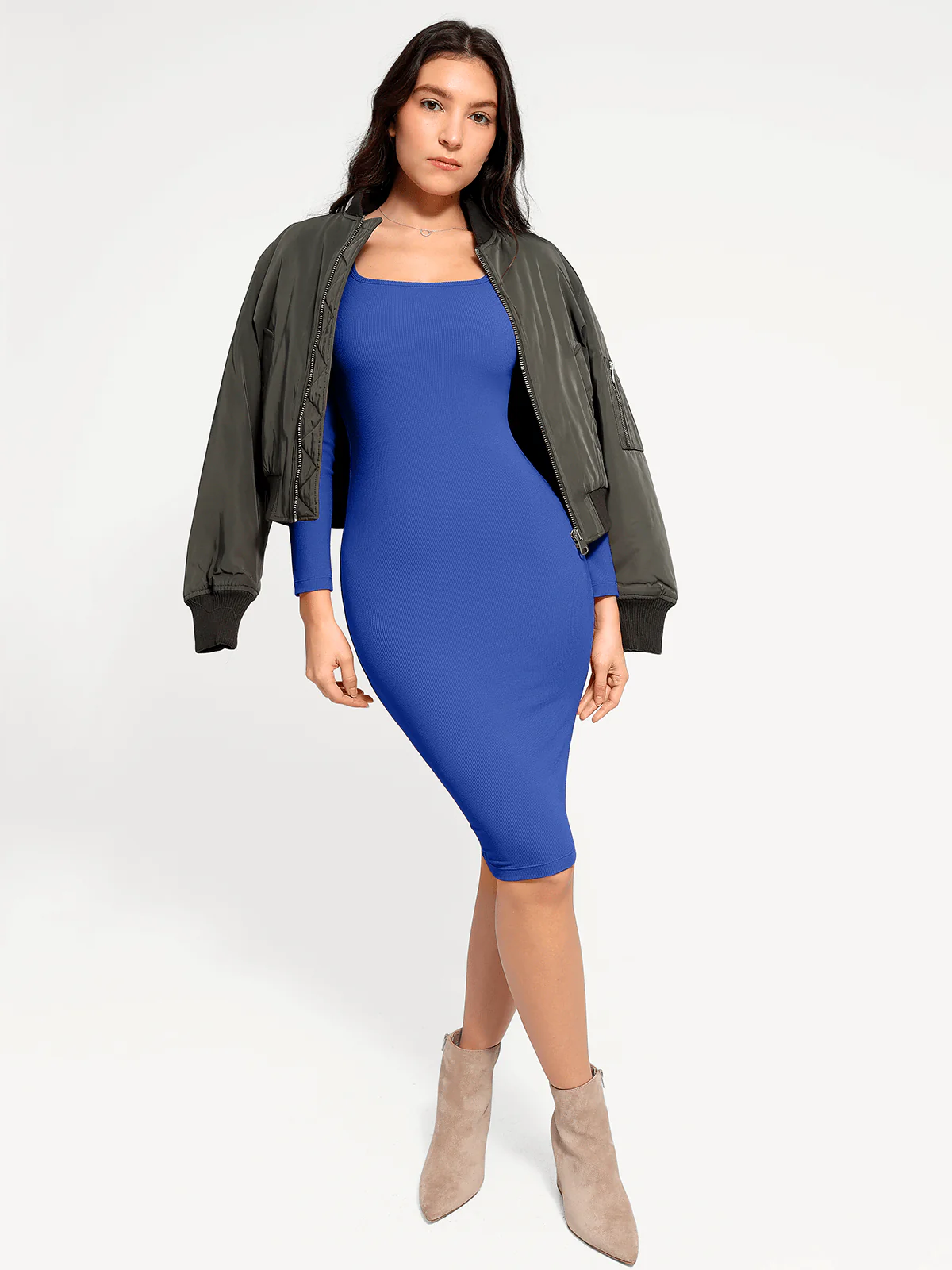 Shapewear Long Sleeve Square Neck Modal Slimming Midi Dress - Image 28