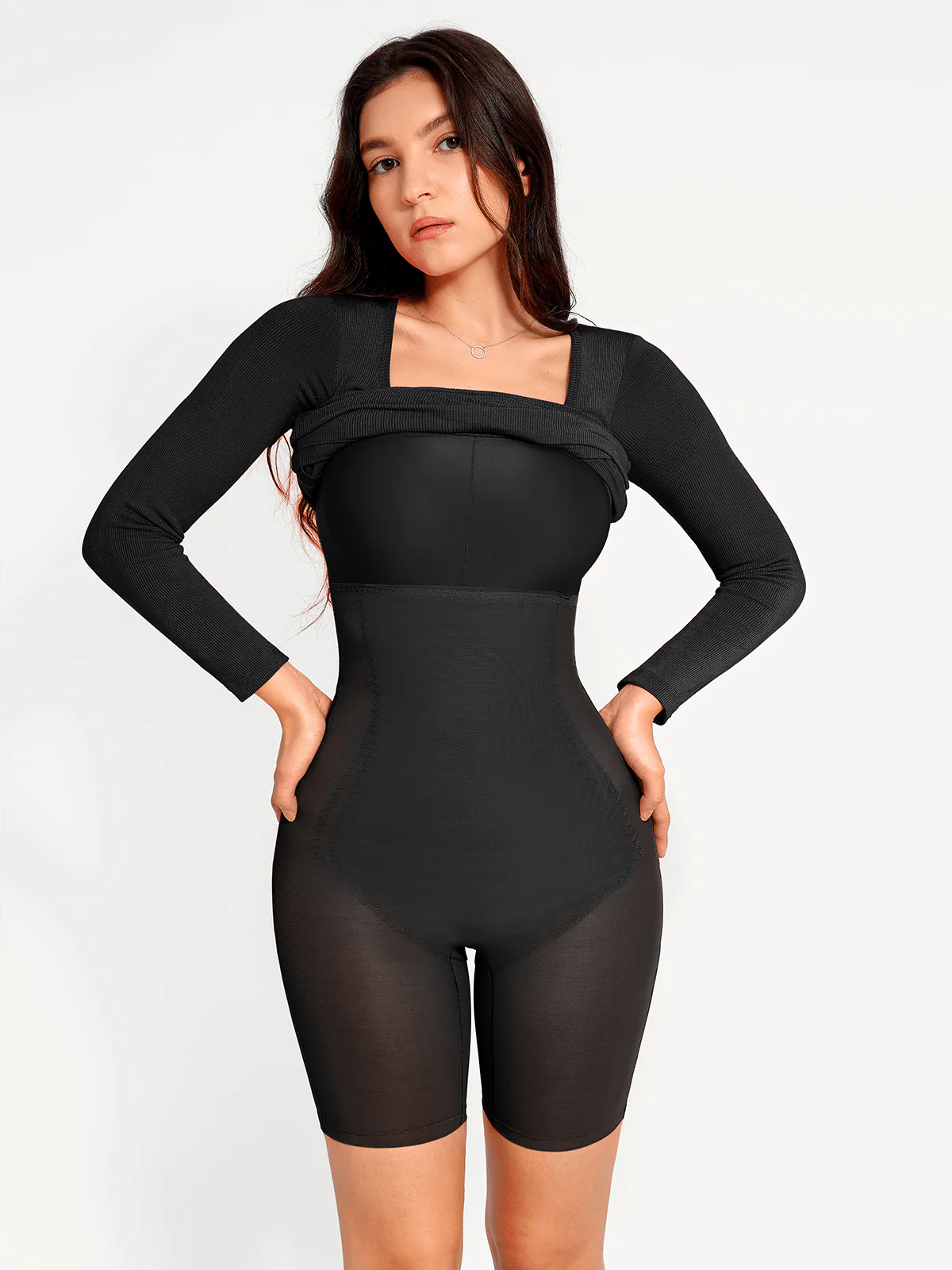 Shapewear Long Sleeve Square Neck Modal Slimming Midi Dress - Image 31