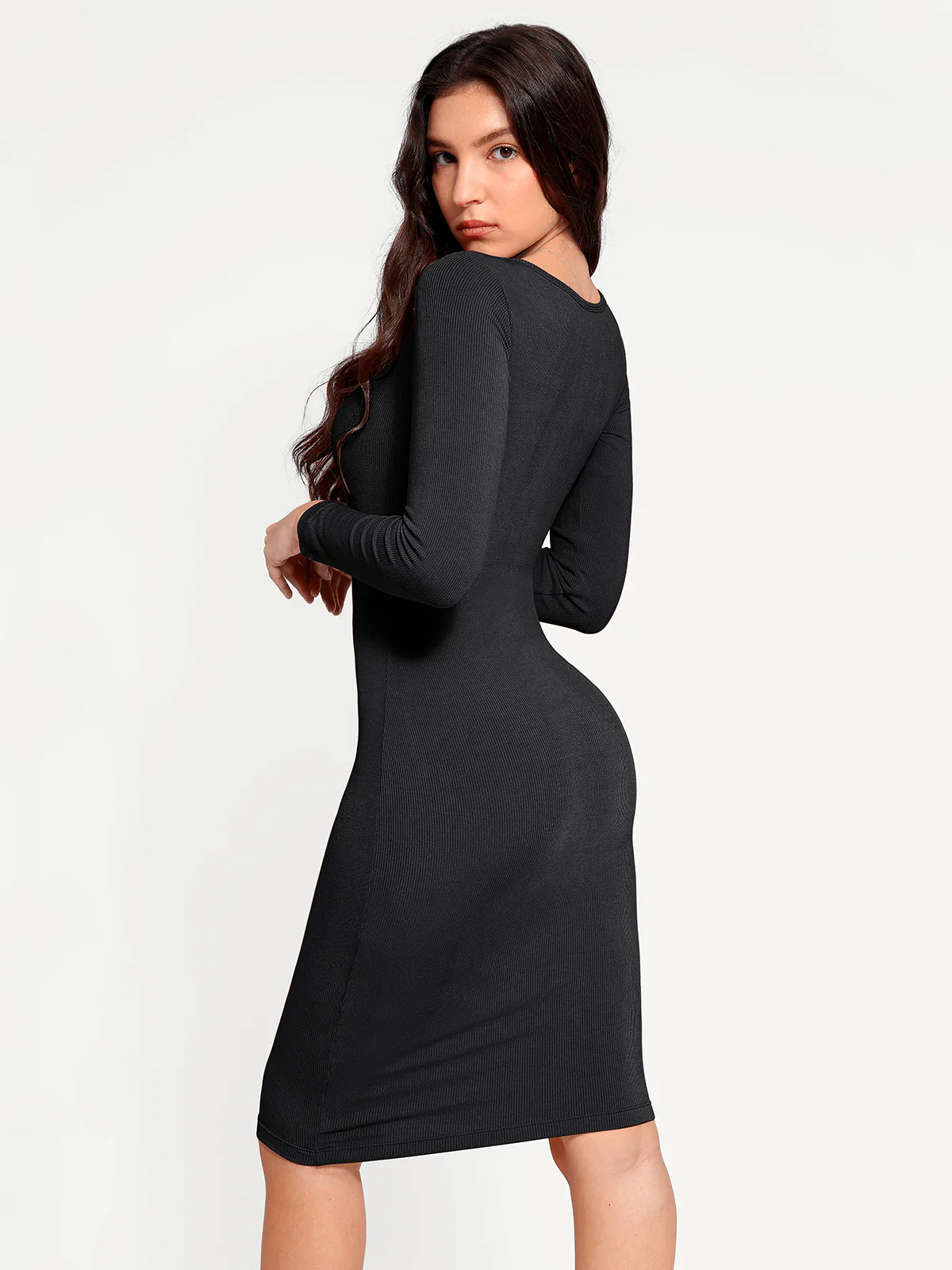 Shapewear Long Sleeve Square Neck Modal Slimming Midi Dress - Image 32