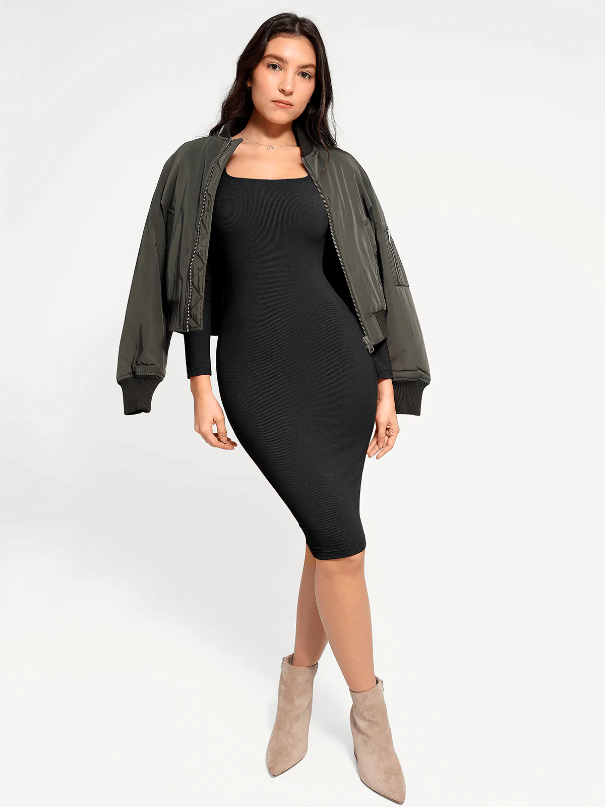 Shapewear Long Sleeve Square Neck Modal Slimming Midi Dress - Image 33