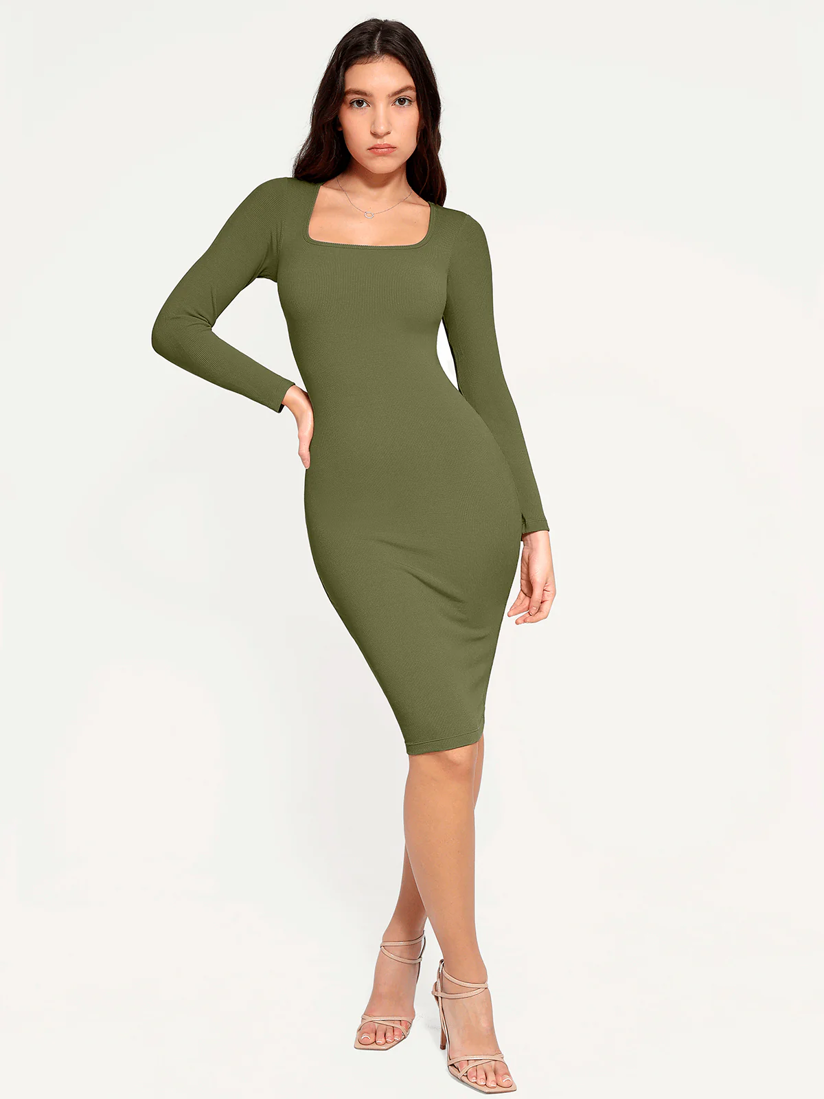 Shapewear Long Sleeve Square Neck Modal Slimming Midi Dress - Image 34