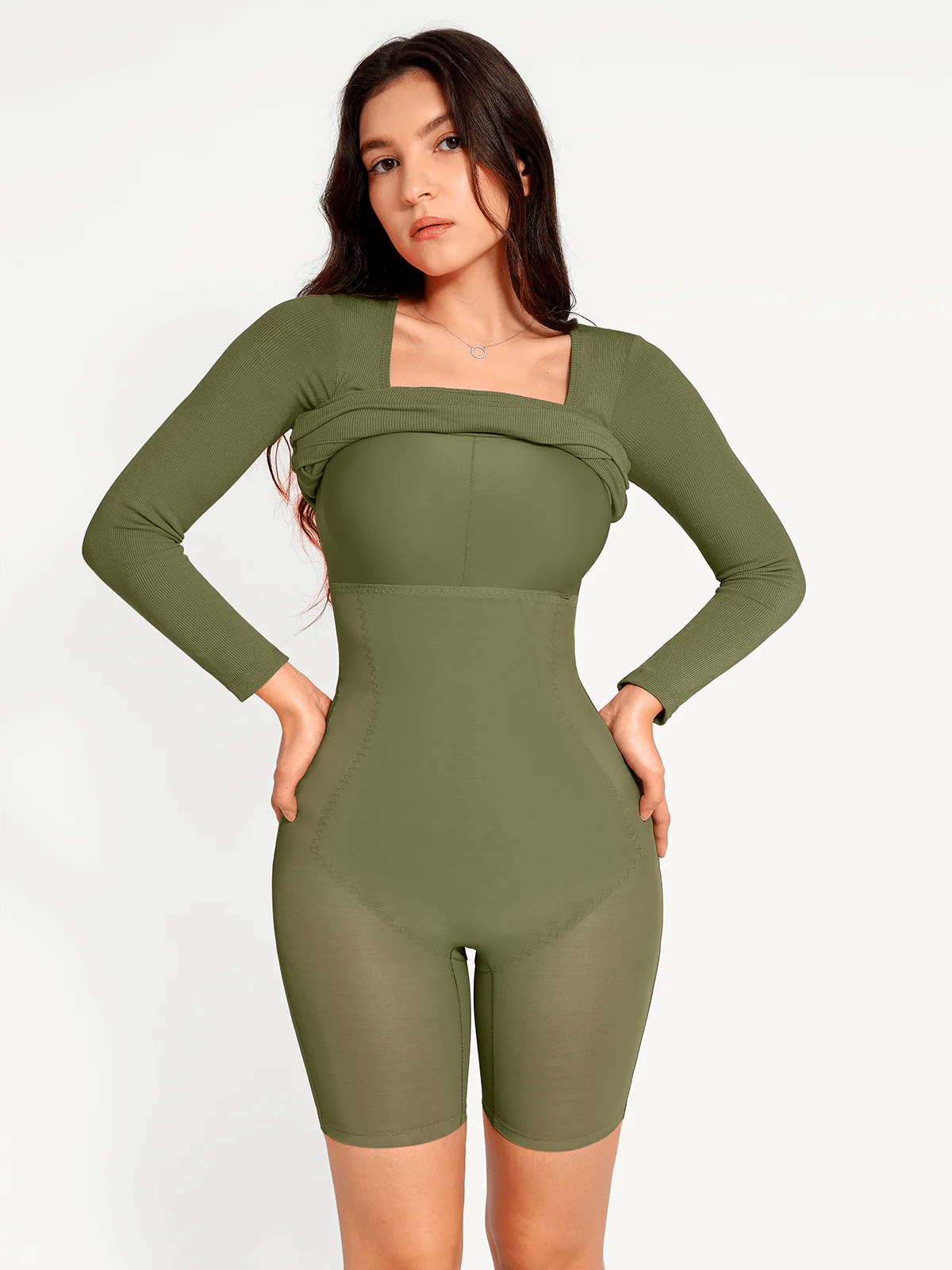 Shapewear Long Sleeve Square Neck Modal Slimming Midi Dress - Image 35
